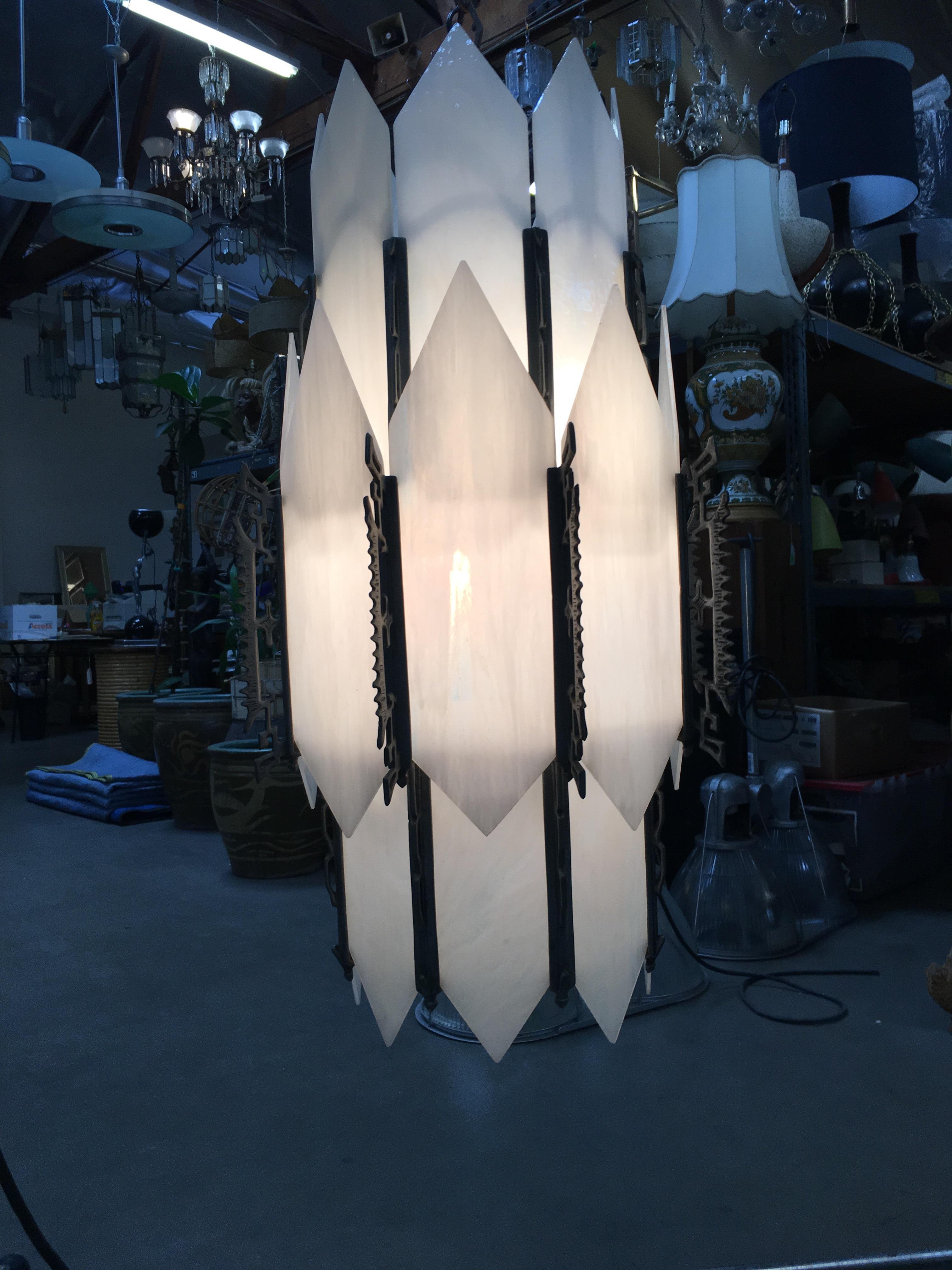American Art Deco White Slat Glass Hanging Chandelier with Geometric Details
