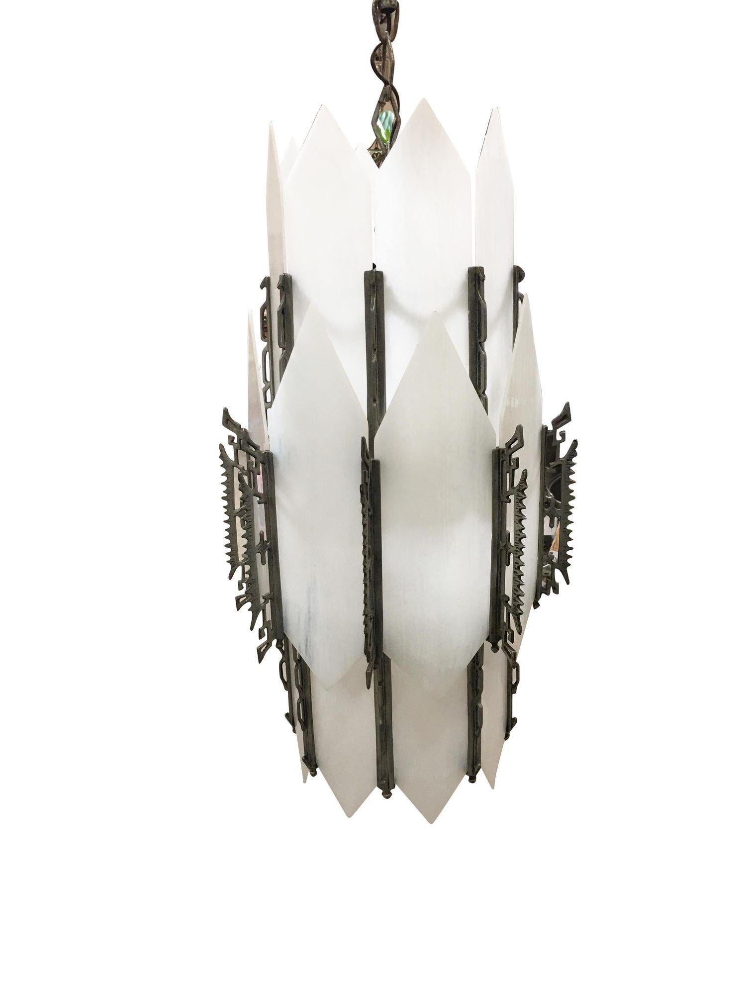 Art Deco White Slat Glass Hanging Chandelier with Geometric Details 2