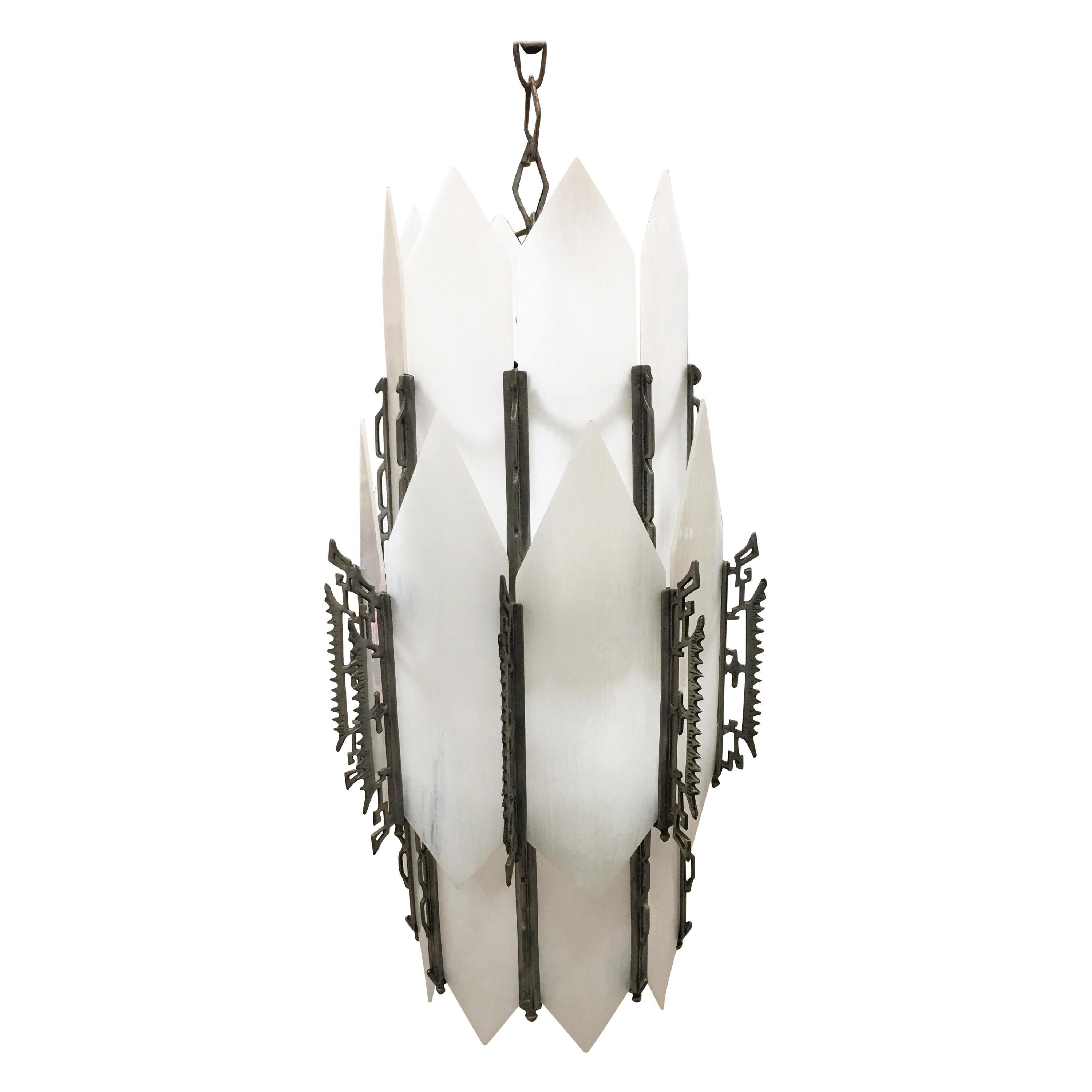 Art Deco White Slat Glass Hanging Chandelier with Geometric Details