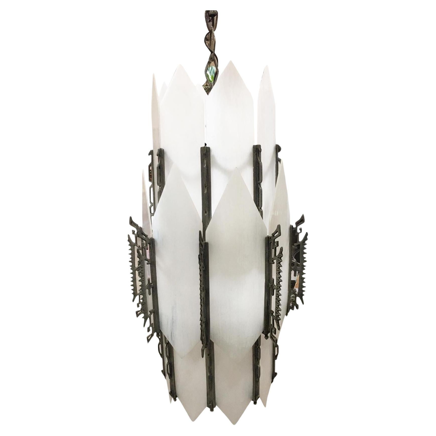 Art Deco White Slat Glass Hanging Chandelier with Geometric Details