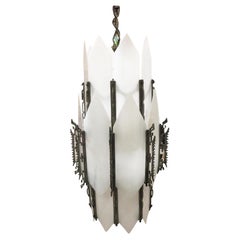 Art Deco White Slat Glass Hanging Chandelier with Geometric Details
