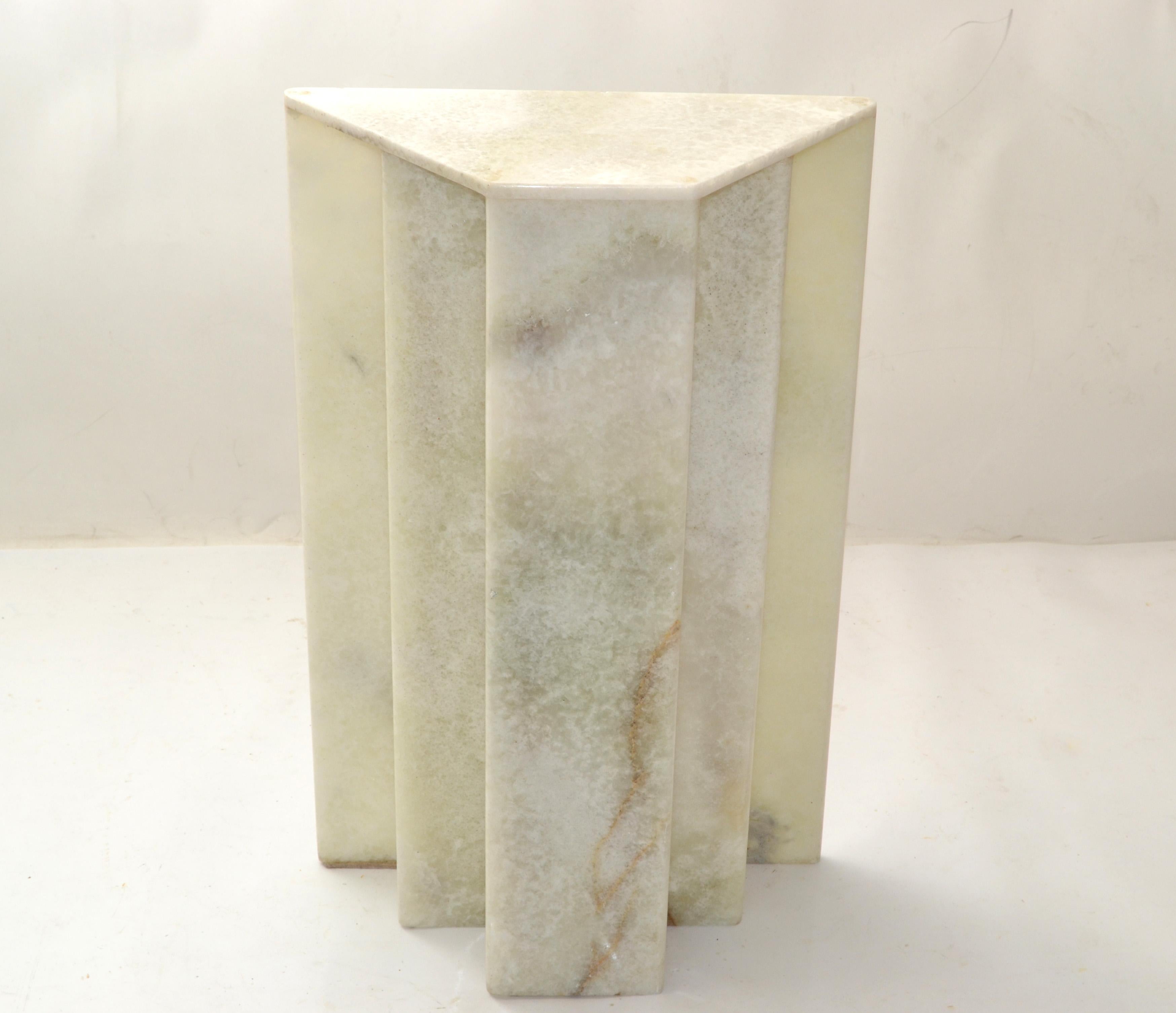 Hand-Crafted Art Deco White Tan Alabaster Skyscraper Style Console Table Base Pedestal Column For Sale
