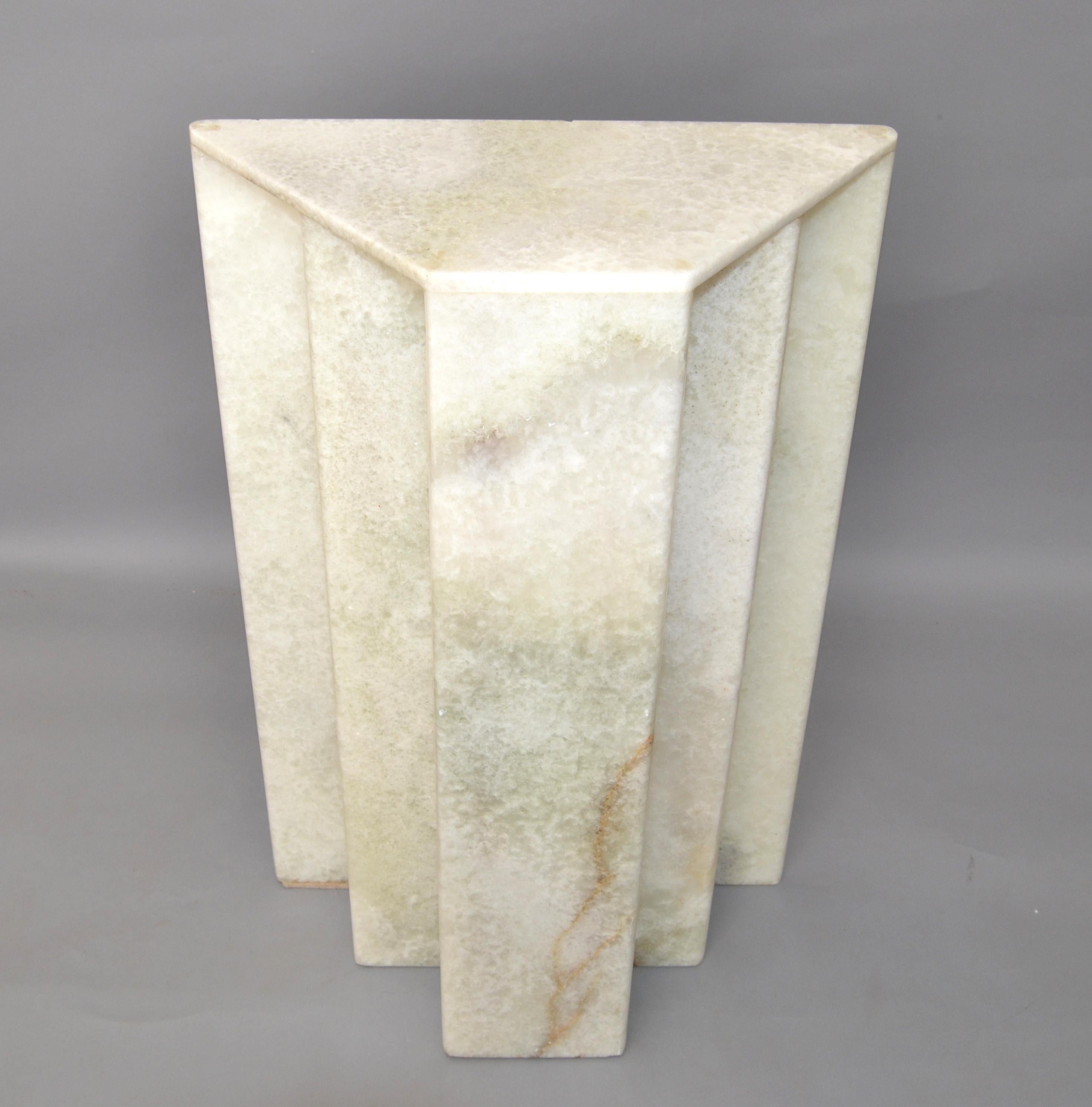 Hand-Crafted Art Deco White Tan Alabaster Skyscraper Style Console Table Base Pedestal Column For Sale