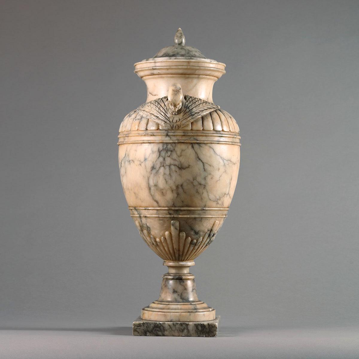 Neoclassical Art Deco White Variegated Alabaster Urn