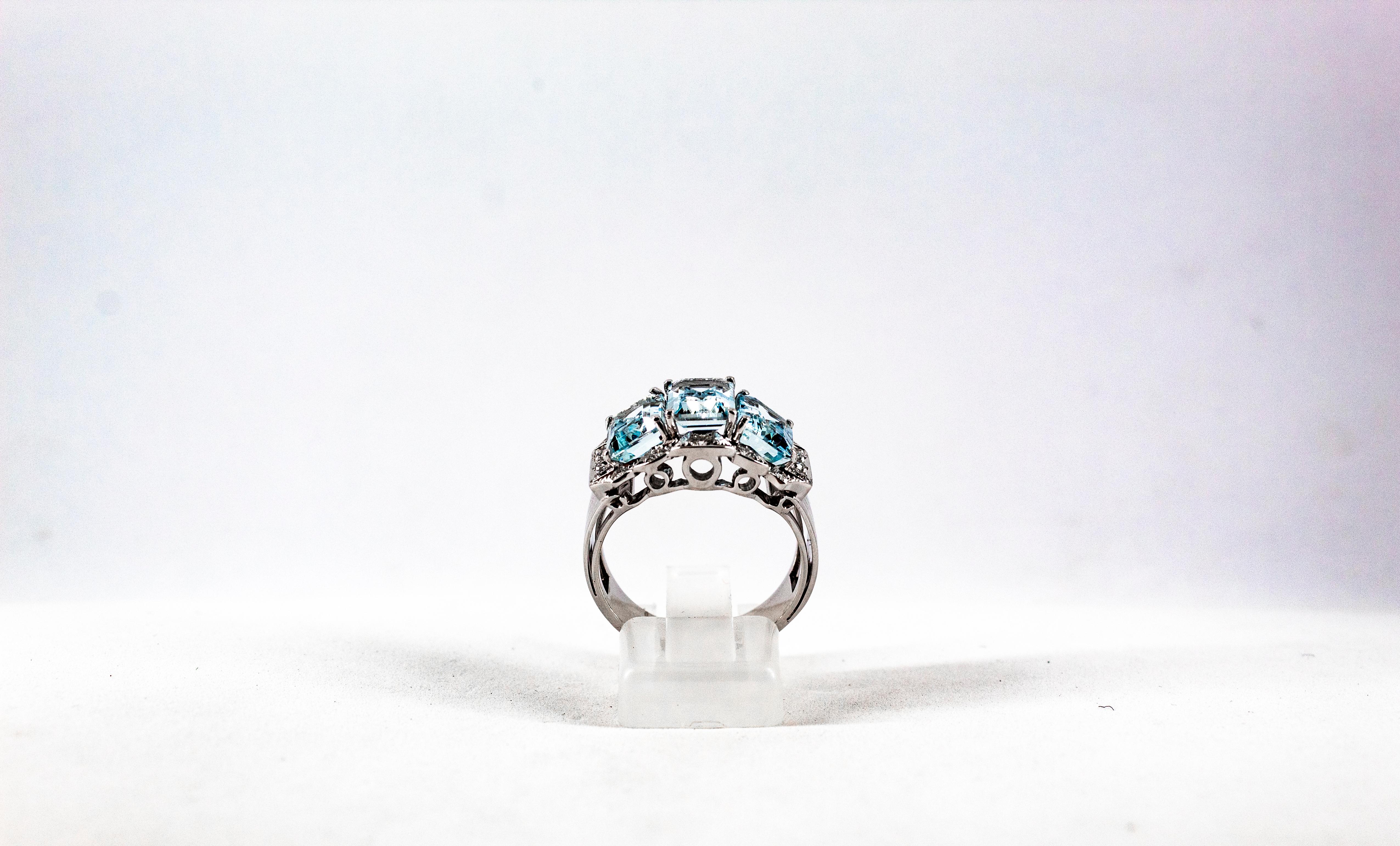 Brilliant Cut Art Deco White Zircon Emerald Cut Aquamarine White Gold Plate Cocktail Ring For Sale