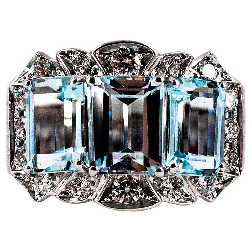 Art Deco White Zircon Emerald Cut Aquamarine White Gold Plate Cocktail Ring For Sale