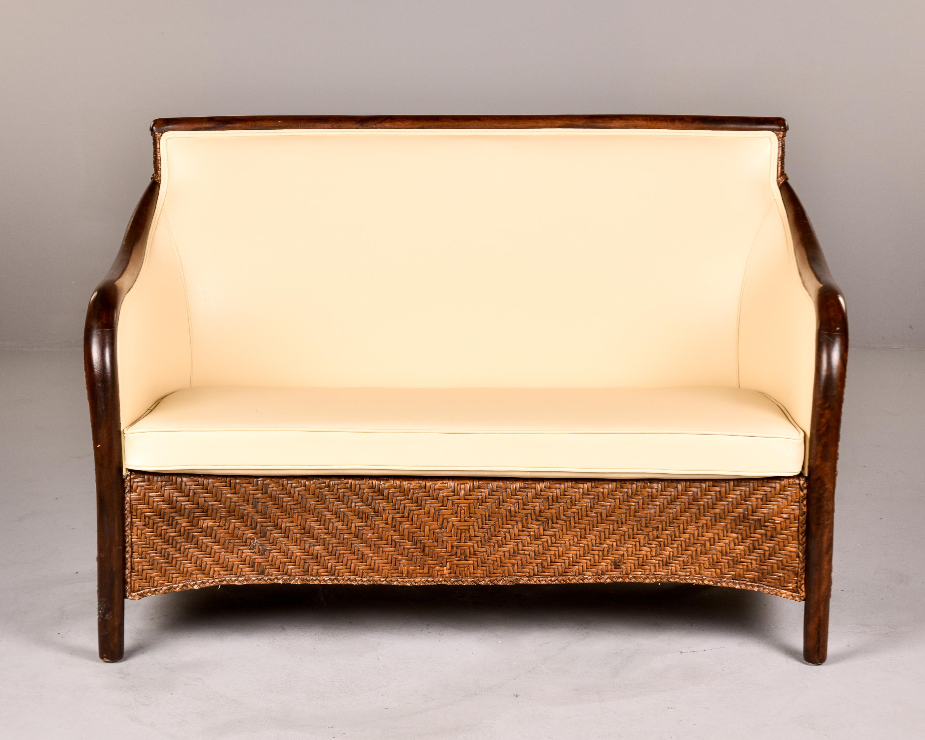 Italian Art Deco Wicker Framed Settee with New Leather Upholstery For Sale