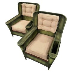 Art Deco Wicker Oversized Wing Chairs with Side Pockets in French Green Finish