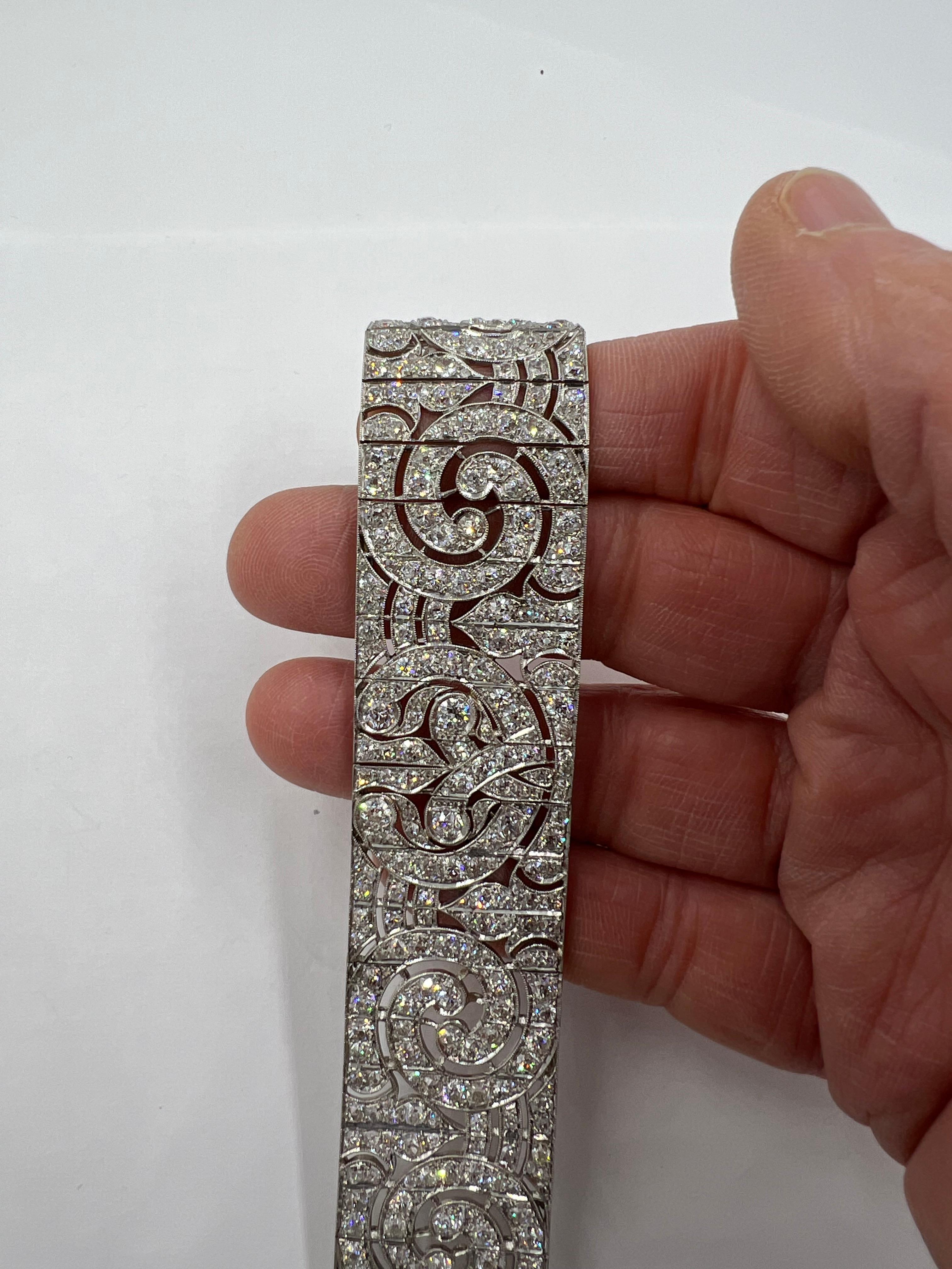 Old Mine Cut Art Deco Wide Diamond Platinum Bracelet 