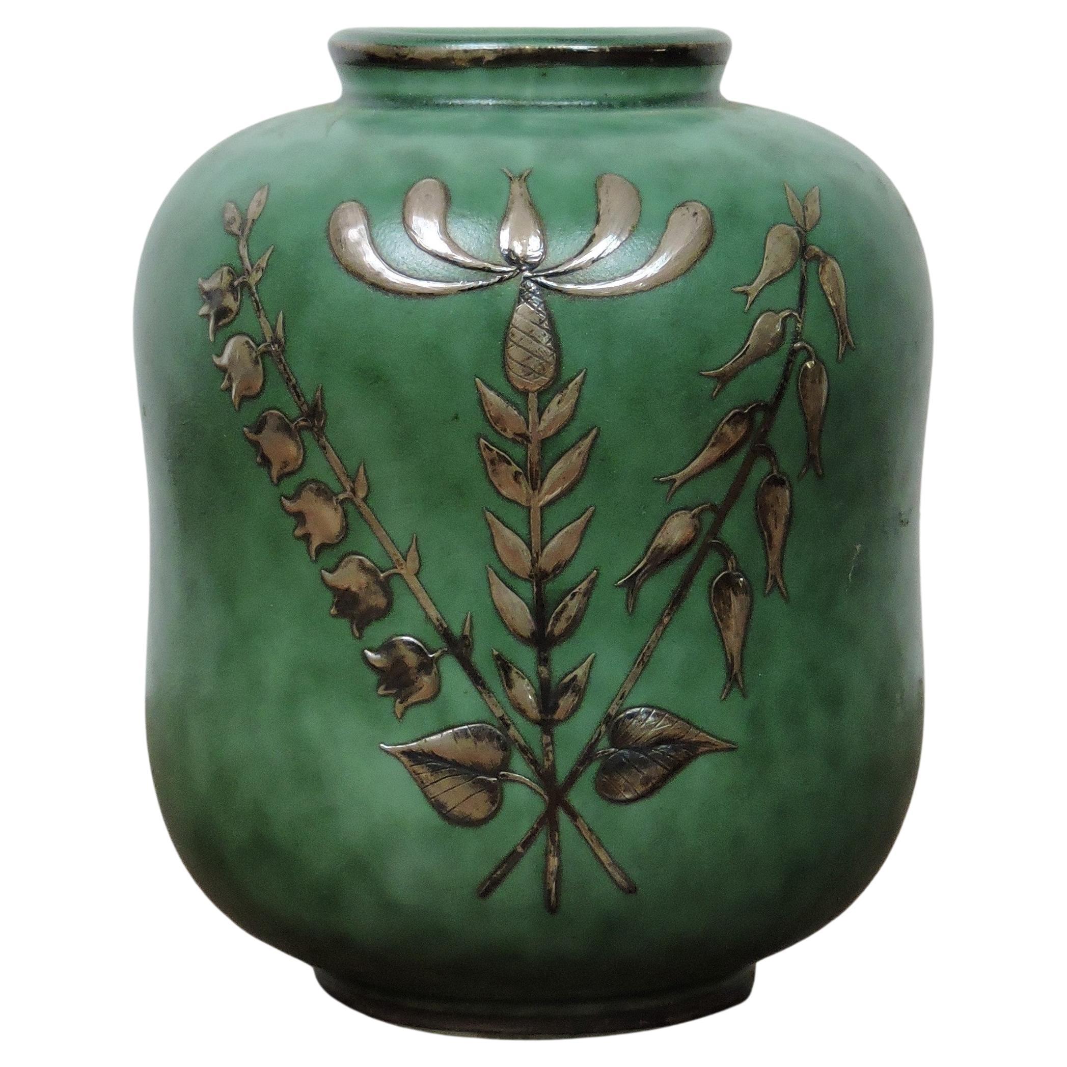 Art Deco Wilhelm Kage Argenta for Gustavsberg Ceramic and Silver Vase