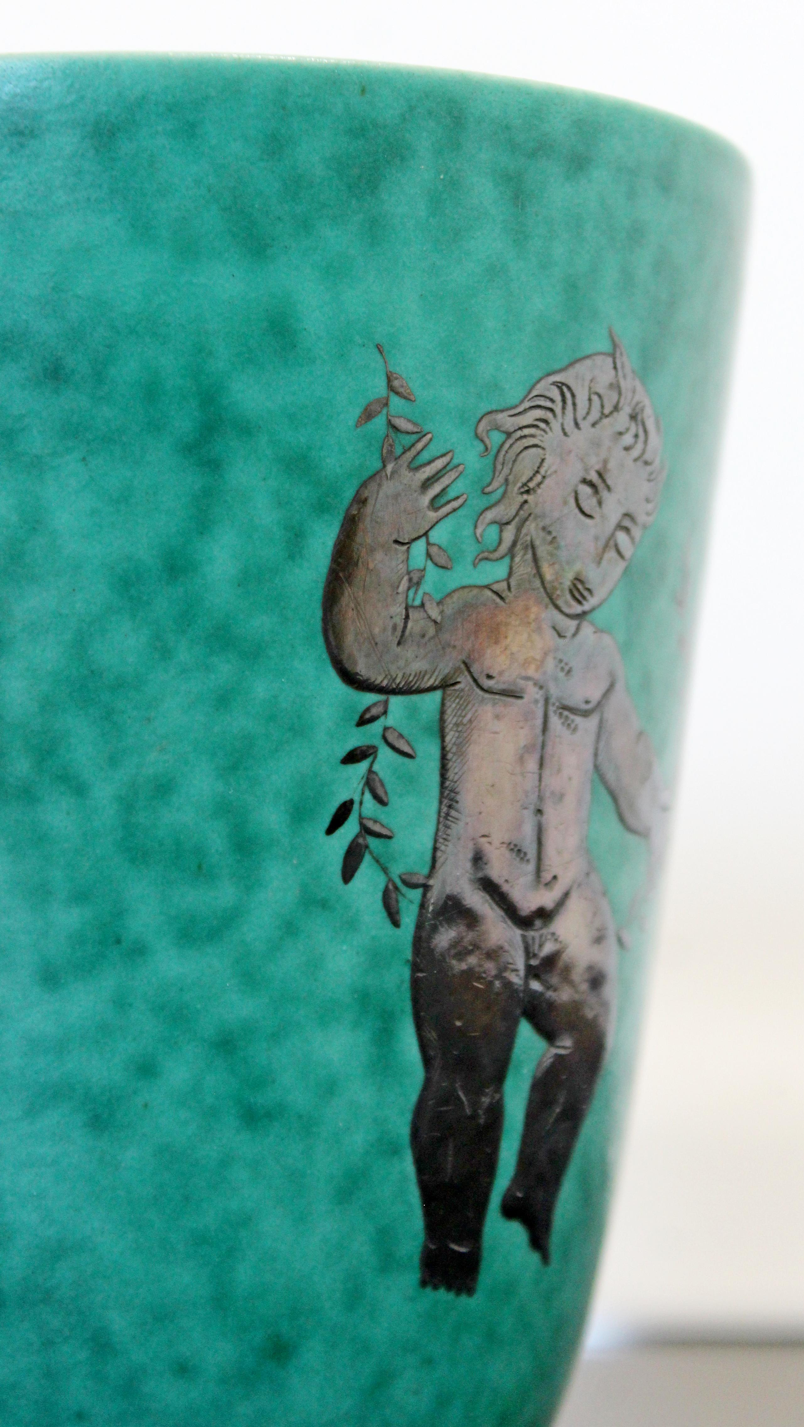 Mid-20th Century Art Deco Wilhelm Kage Gustavsberg Argentina Signed Ceramic Vase Silver Overlay