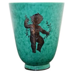 Art Deco Wilhelm Kage Gustavsberg Argentina Signed Ceramic Vase Silver Overlay
