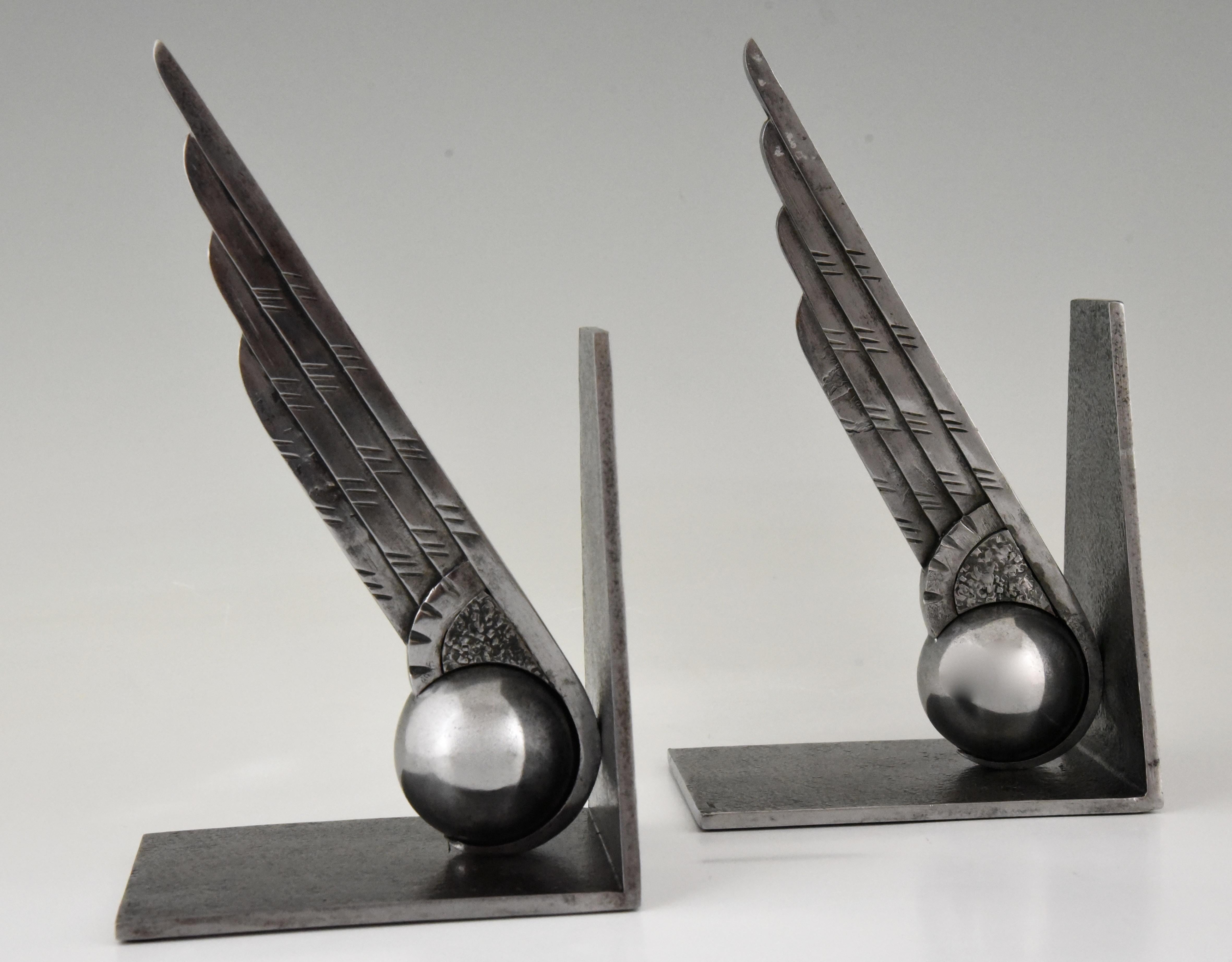 Art Deco Wing and Ball Wrought Iron Bookends Edgar Brandt, 1930 3