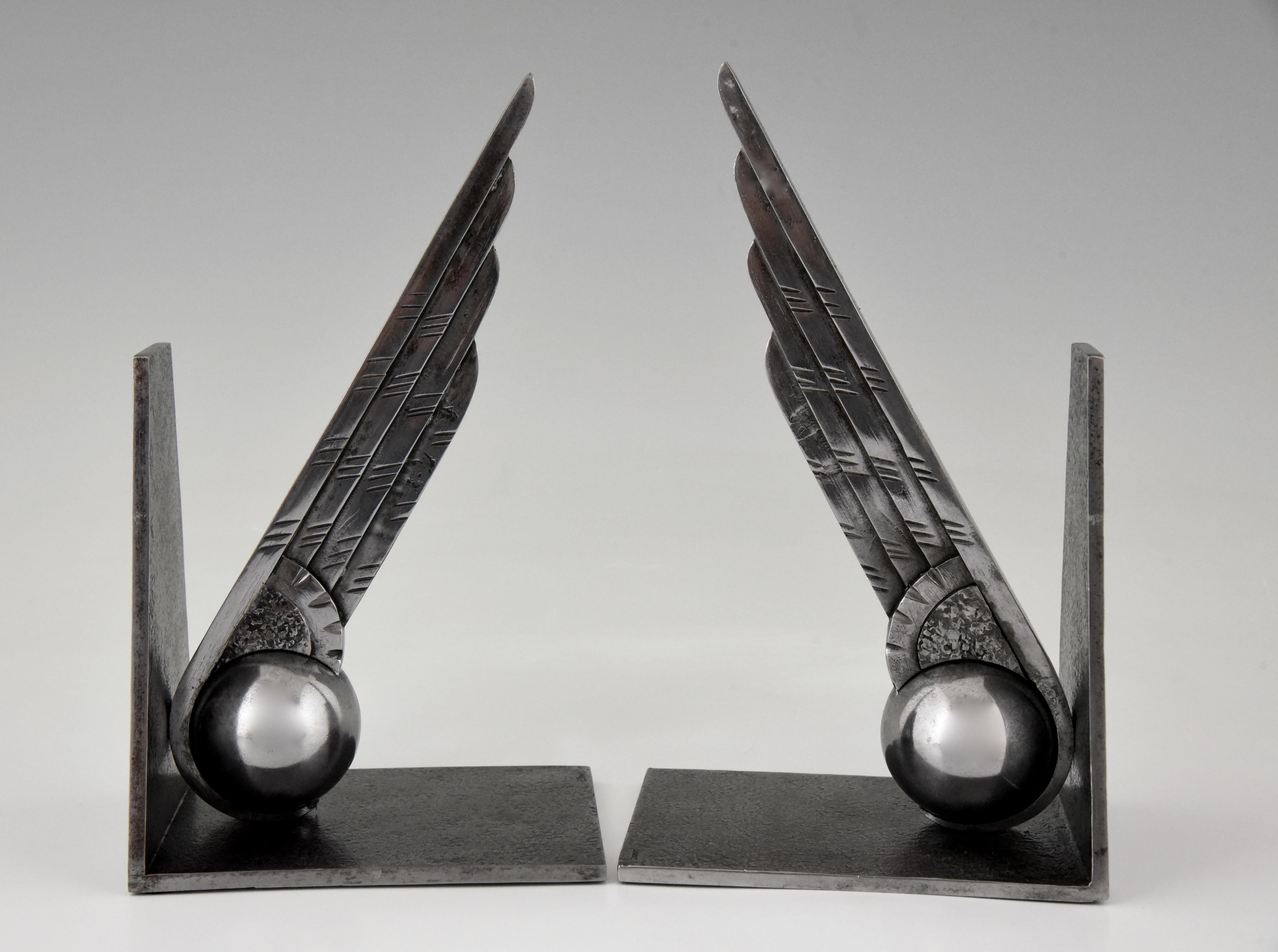 French Art Deco Wing and Ball Wrought Iron Bookends Edgar Brandt, 1930