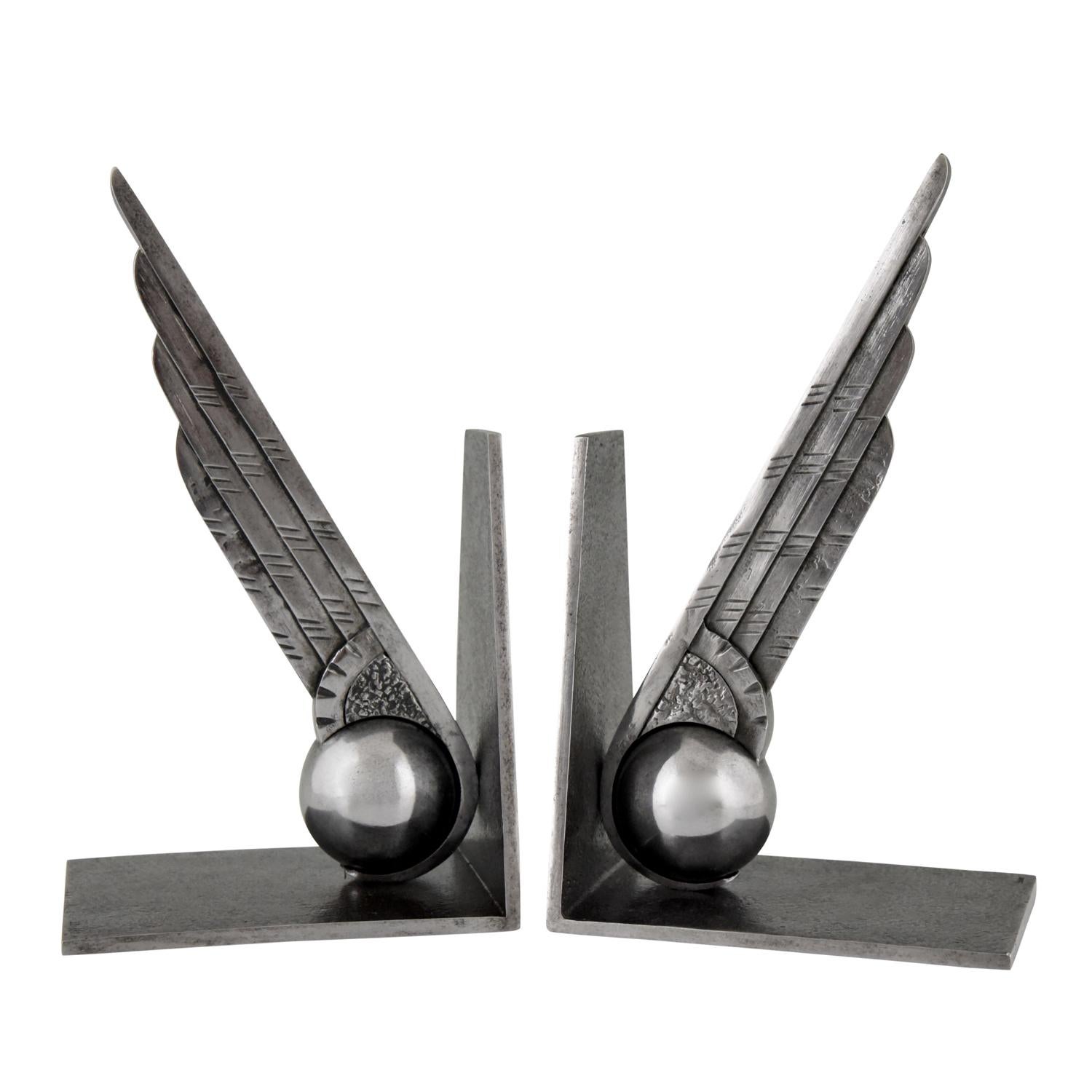 Art Deco Wing and Ball Wrought Iron Bookends Edgar Brandt, 1930