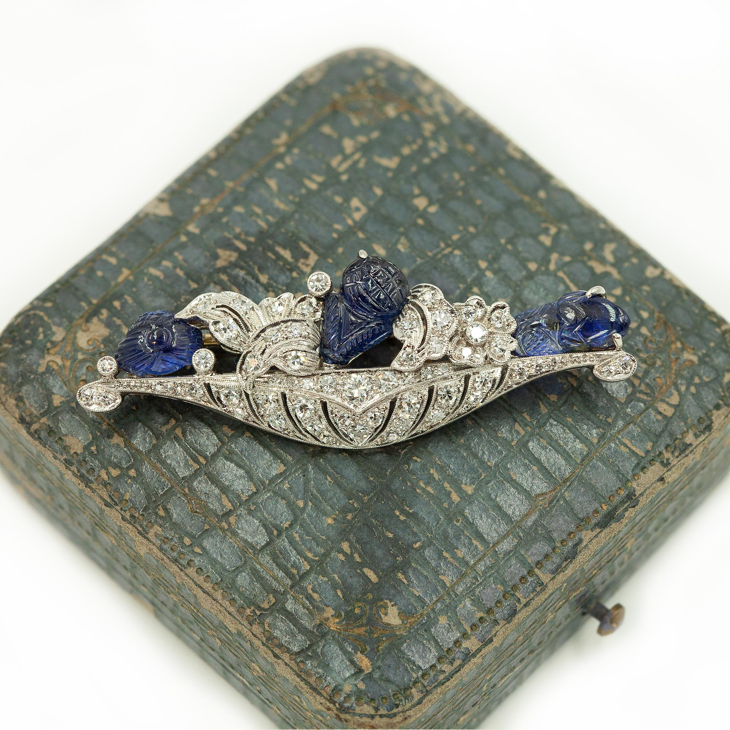 Old European Cut Art Deco Platinum Diamond and Sapphire Brooch Signed WISE c. 1920s For Sale