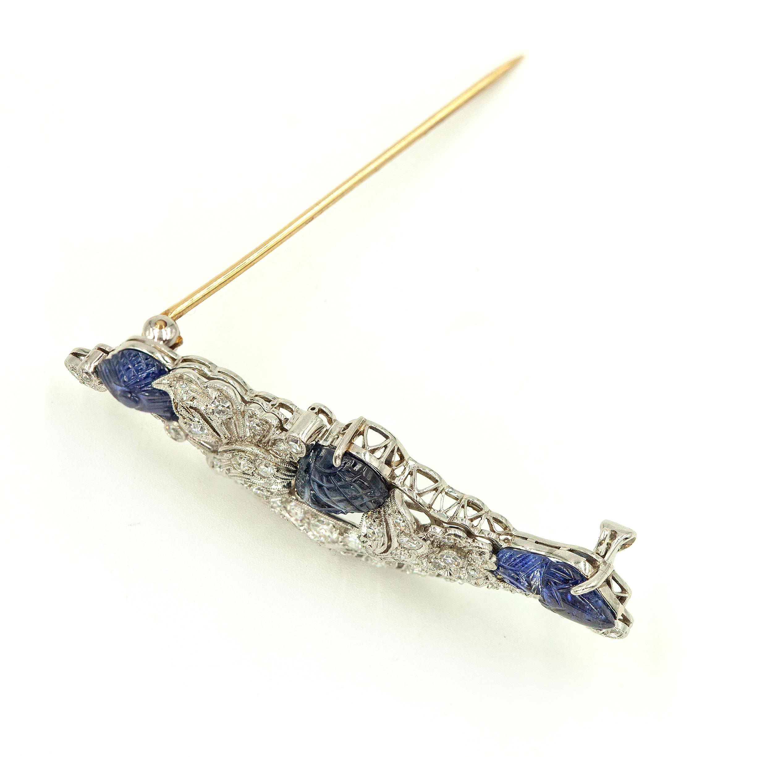 Women's Art Deco Platinum Diamond and Sapphire Brooch Signed WISE c. 1920s For Sale