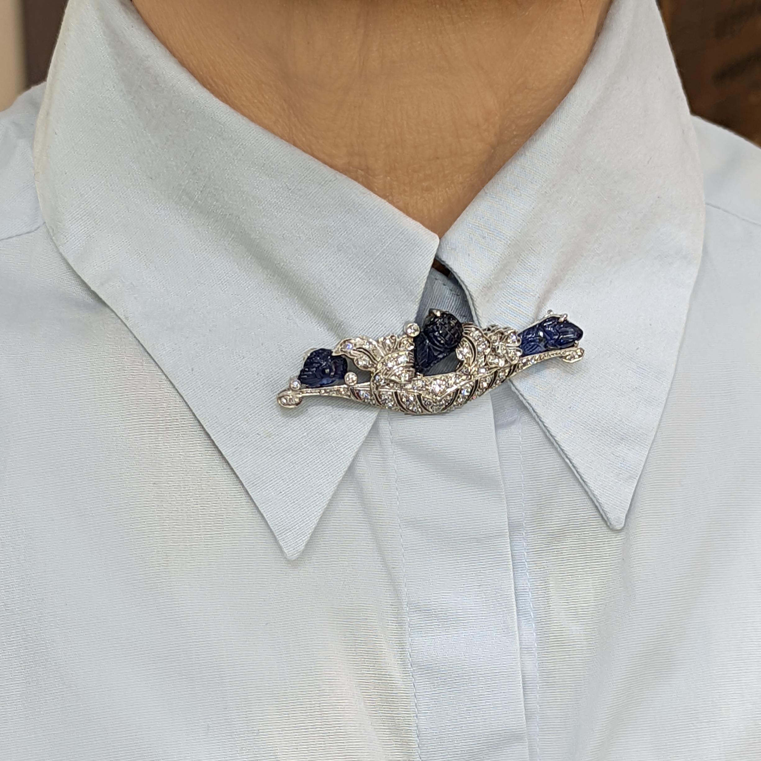 Art Deco Platinum Diamond and Sapphire Brooch Signed WISE c. 1920s For Sale 3