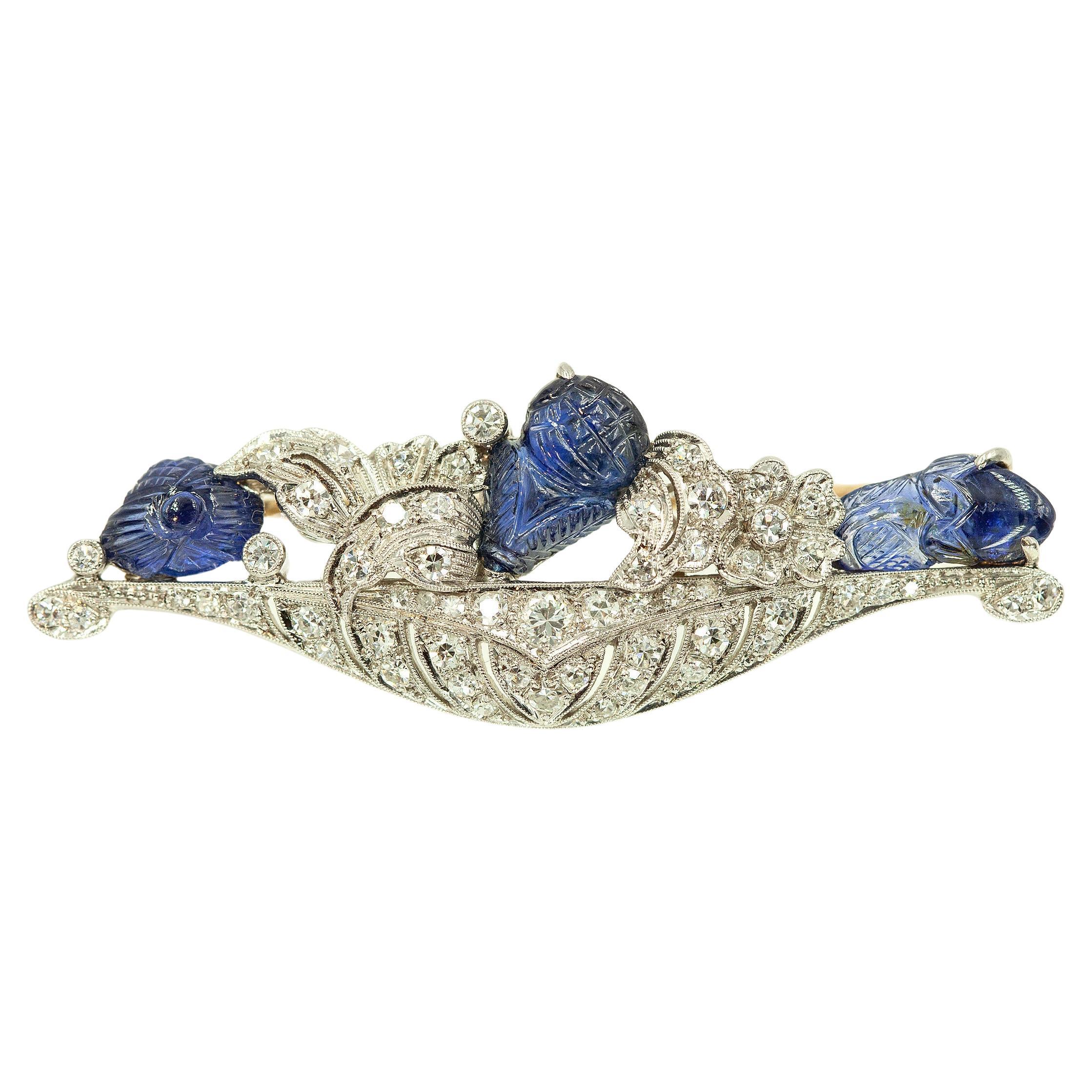 Art Deco Platinum Diamond and Sapphire Brooch Signed WISE c. 1920s