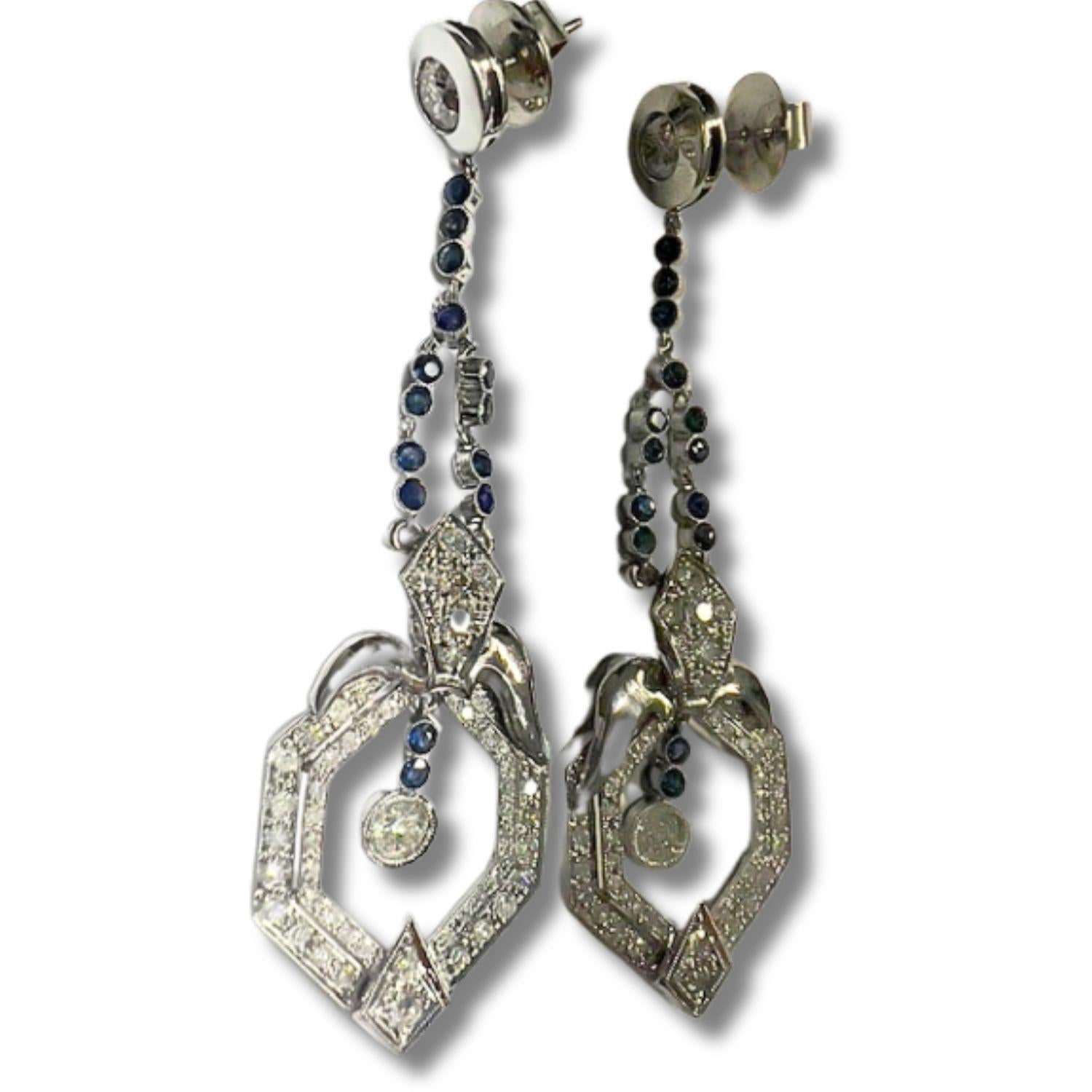 Art Deco mit Diamanten 3 Karat und Saphiren 0,45 Karat Platin 950 Ohrringe im Zustand „Gut“ im Angebot in MADRID, ES