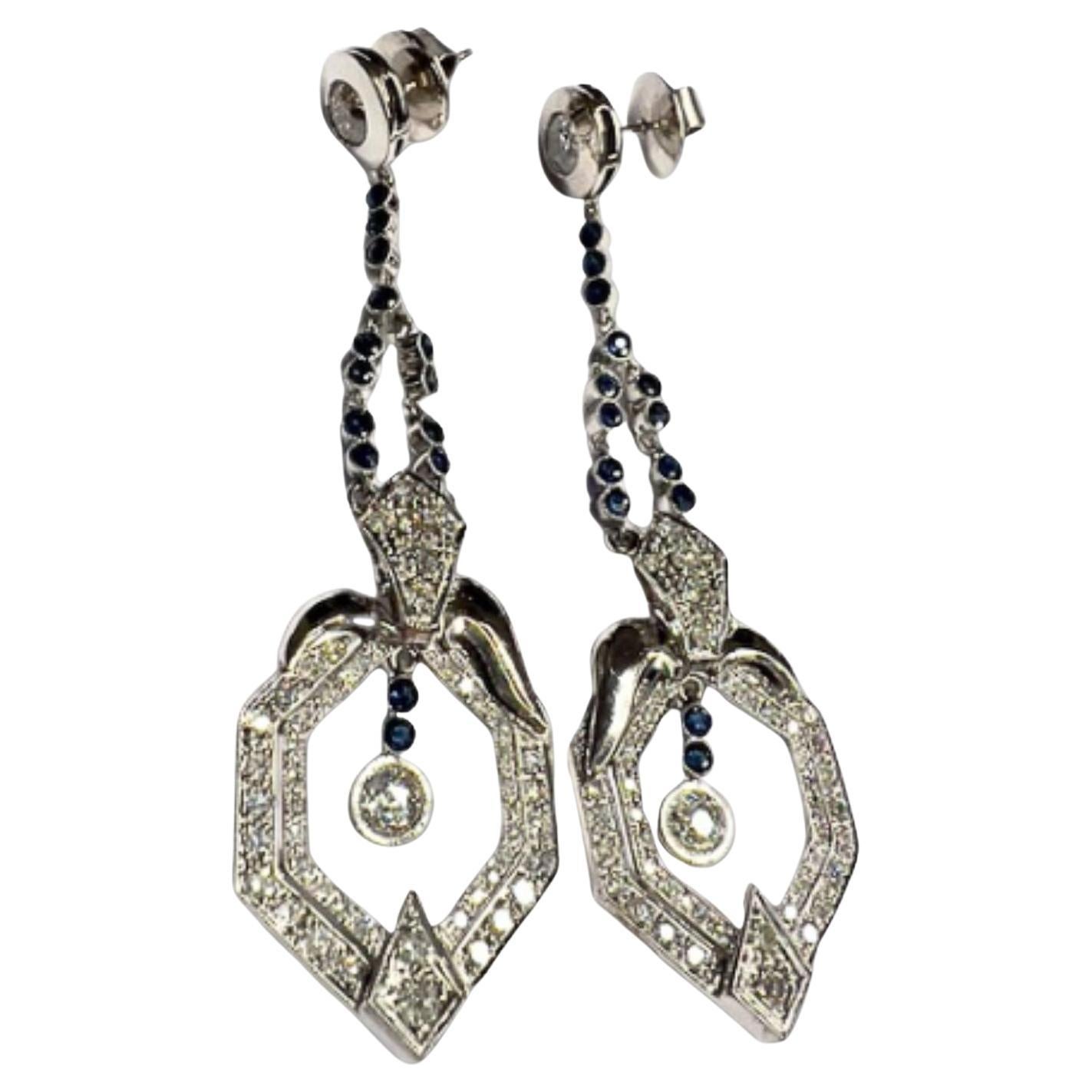 Art Deco with Diamonds 3 ct and Sapphires 0.45 ct Platinum 950 Earrings