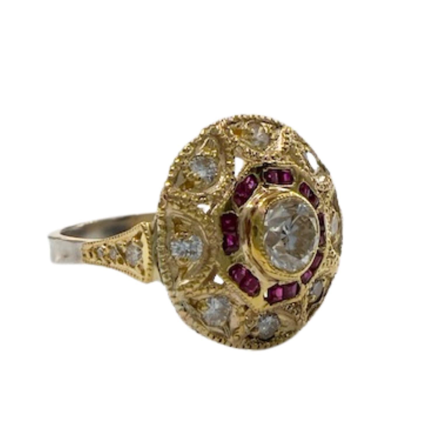 A refined Art Deco style ring in 18k gold, featuring a central diamond, 15 additional diamonds, and rubies, designed for a sophisticated look.

Features:

Weight: 6.1 gr
Central Diamond: 0.56 ct, round brilliant cut, color IJ, clarity SI3 -