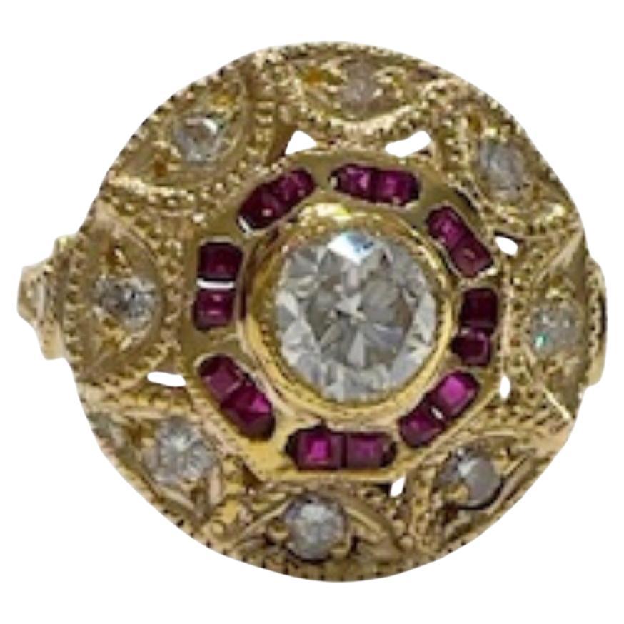 Art Deco with Diamonds and Rubies 18k Gold Ring