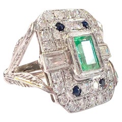 Art Deco with Diamonds, Sapphires, and Emerald Platinum Ring