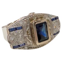 Art Deco with Platinum Accents, Diamonds, and Sapphires 18k Gold Ring
