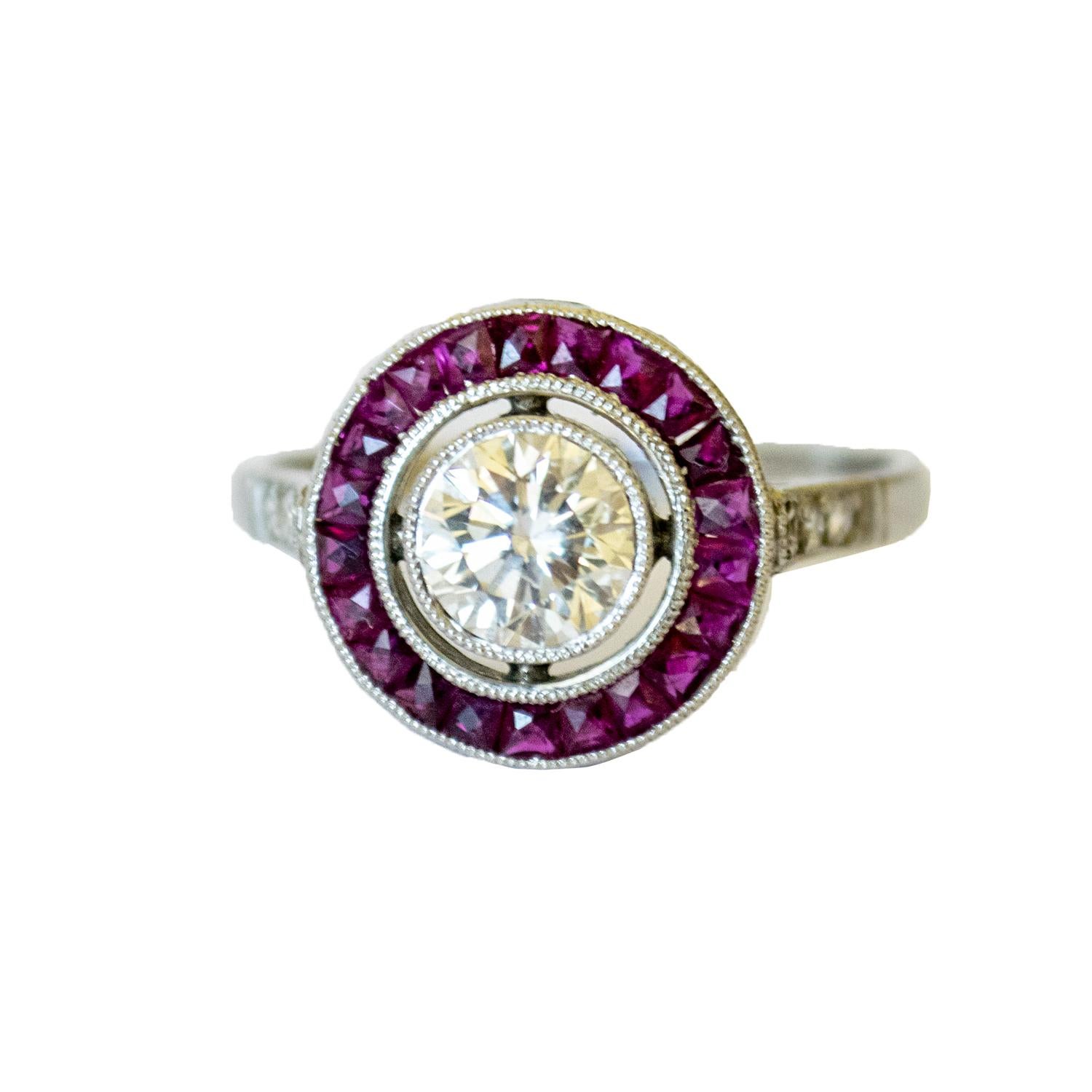 Art Deco con rubino e  Anello in platino 950 con diamanti brillanti da 0,75 ct. In condizioni buone in vendita a MADRID, ES