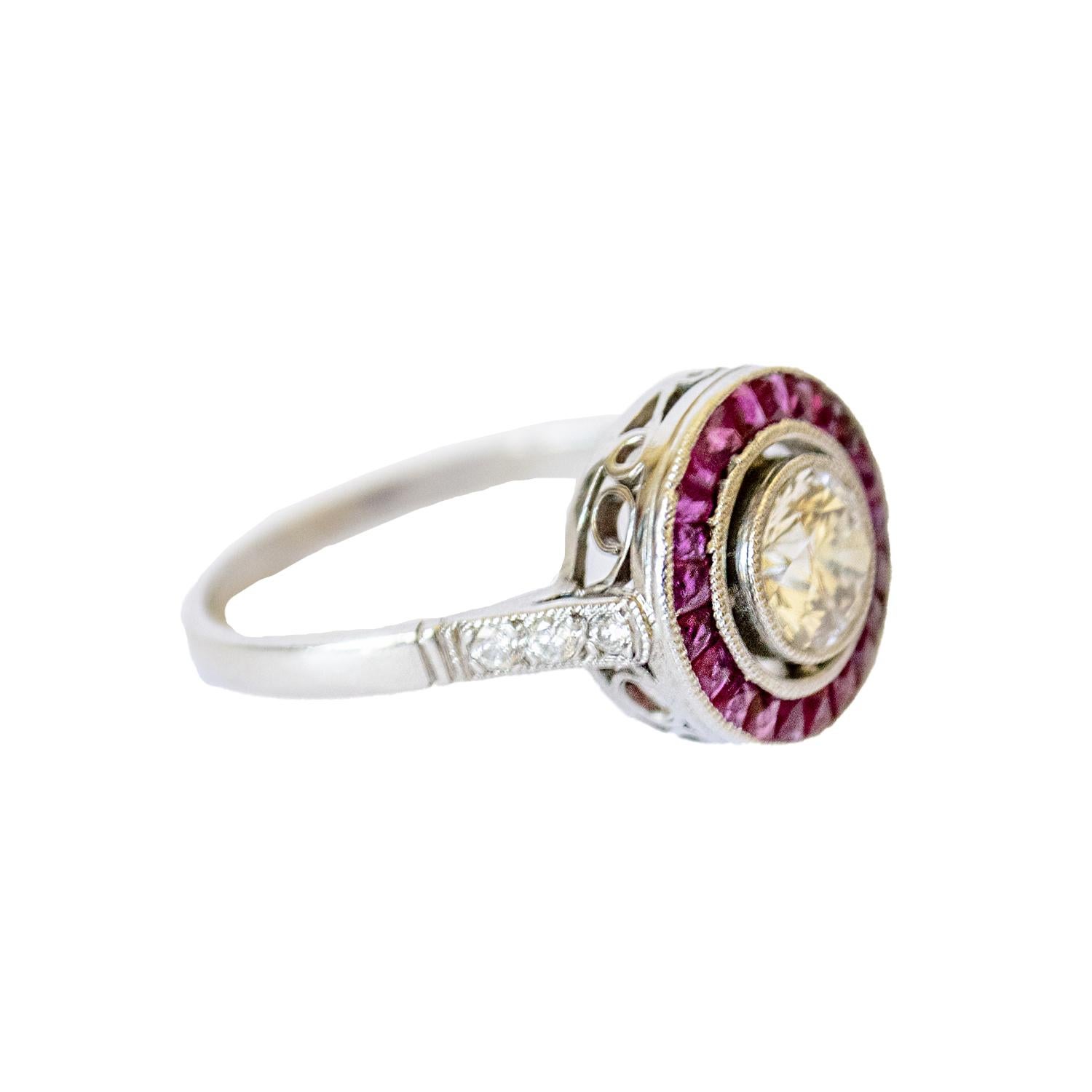 Donna Art Deco con rubino e  Anello in platino 950 con diamanti brillanti da 0,75 ct. in vendita
