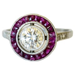 Art Deco with Ruby and  0.75ct Brilliant Diamonds Platinum 950 Ring