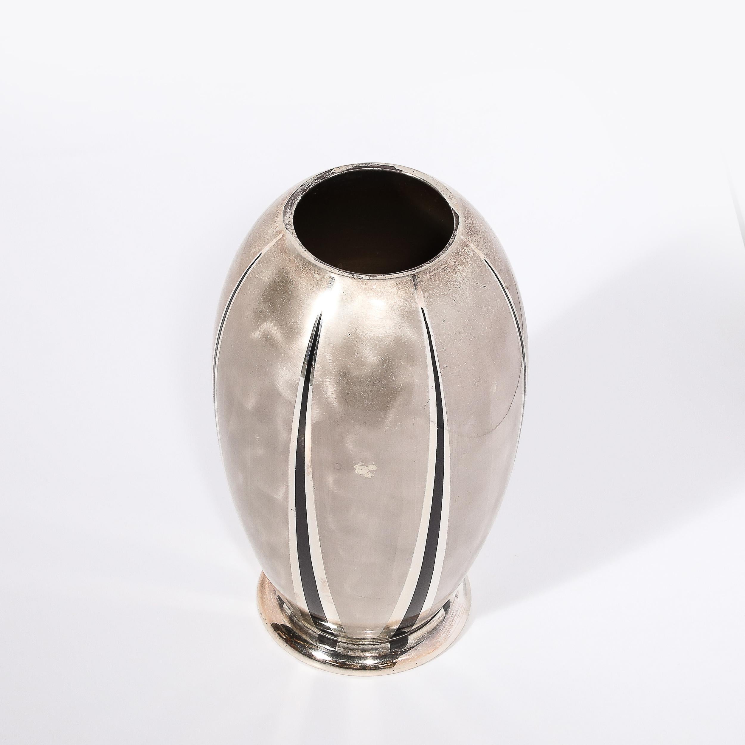 Art Deco WMF Ikora Textural Silver Plated Vase W/ Jet Black Linear Detailing 6