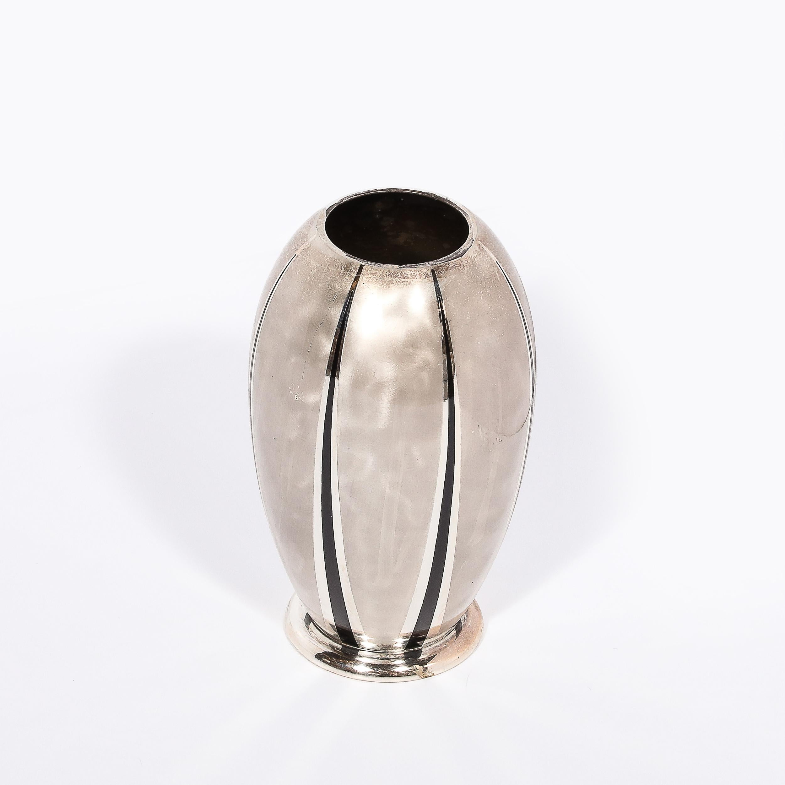 Art Deco WMF Ikora Textural Silver Plated Vase W/ Jet Black Linear Detailing 6