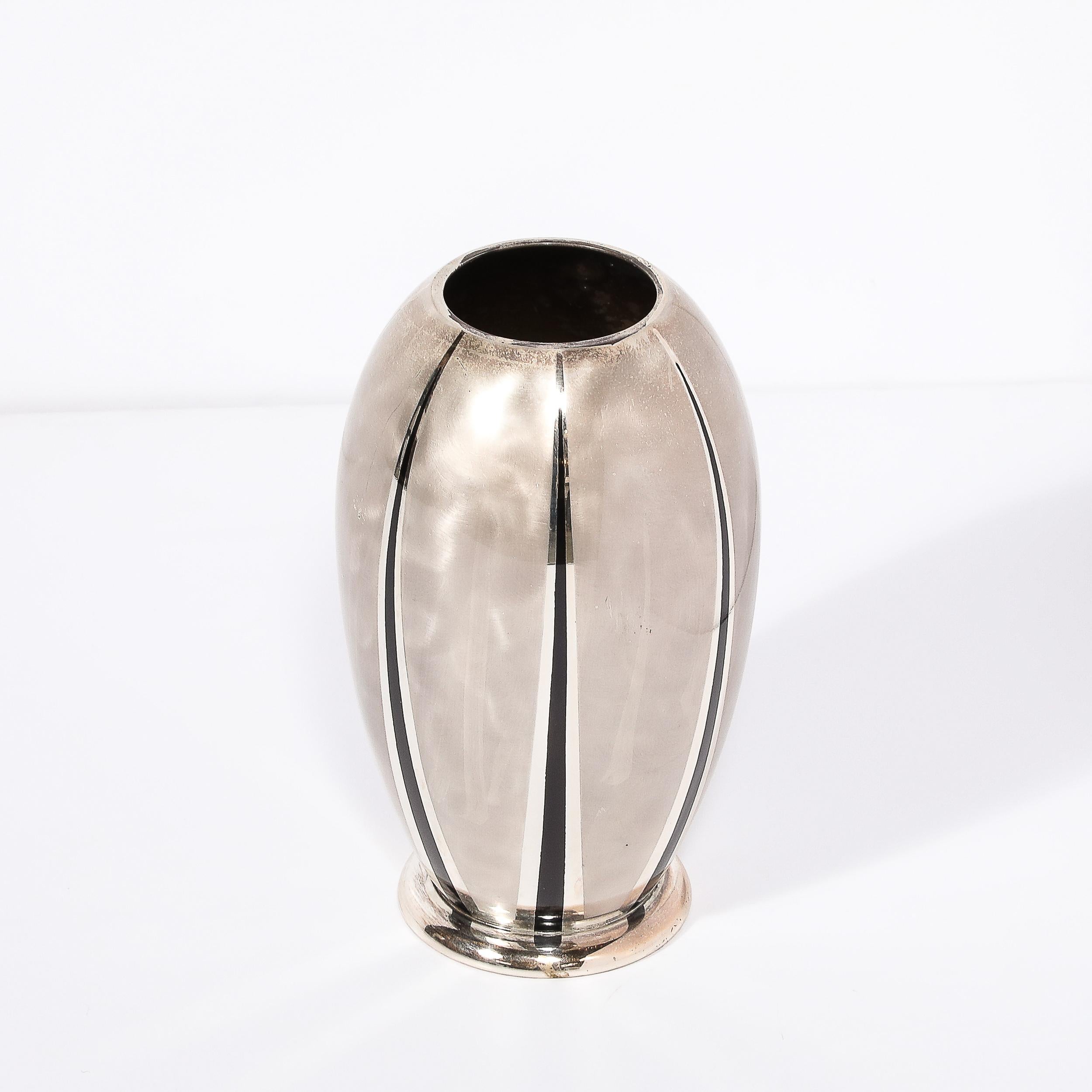 Art Deco WMF Ikora Textural Silver Plated Vase W/ Jet Black Linear Detailing 9