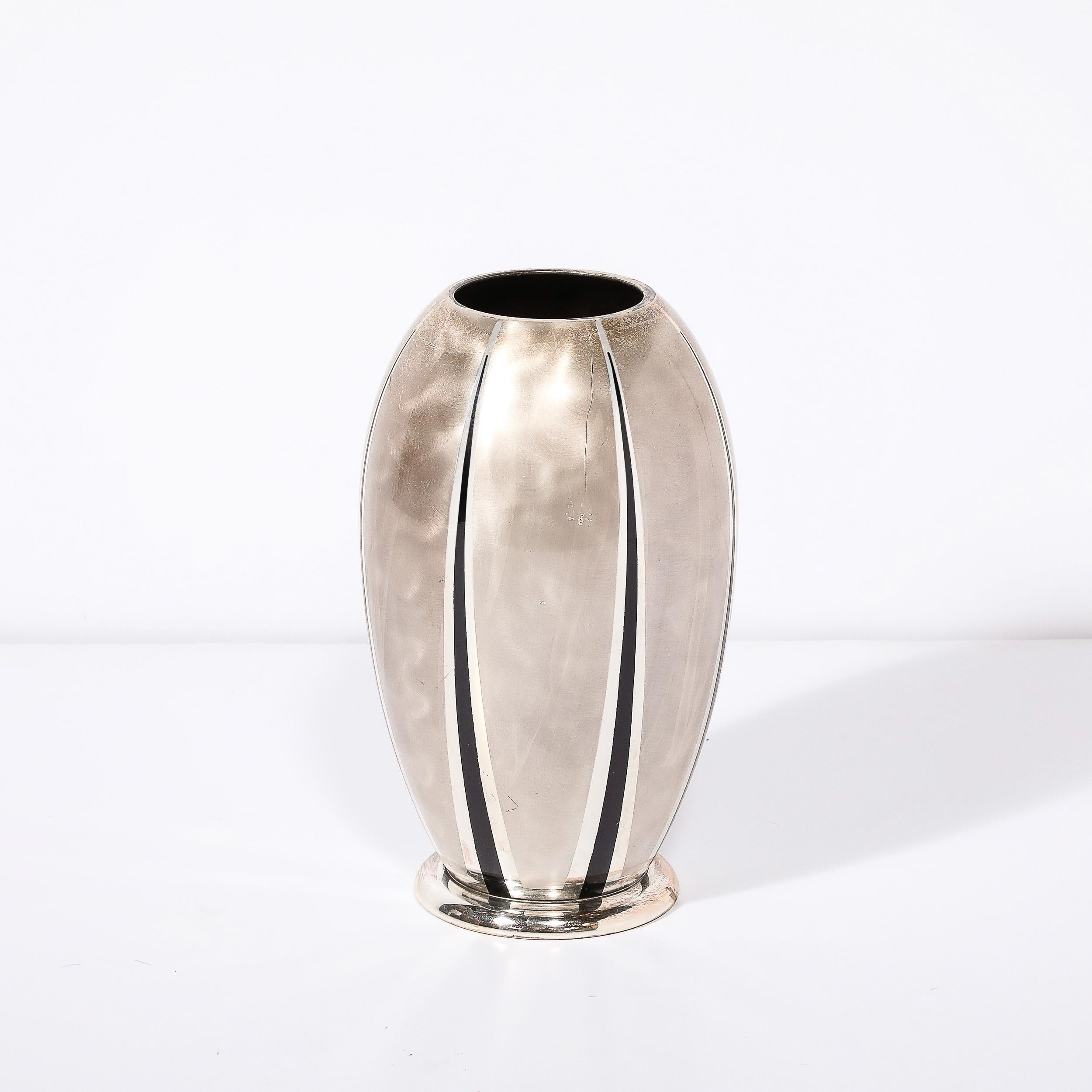 German Art Deco WMF Ikora Textural Silver Plated Vase W/ Jet Black Linear Detailing For Sale