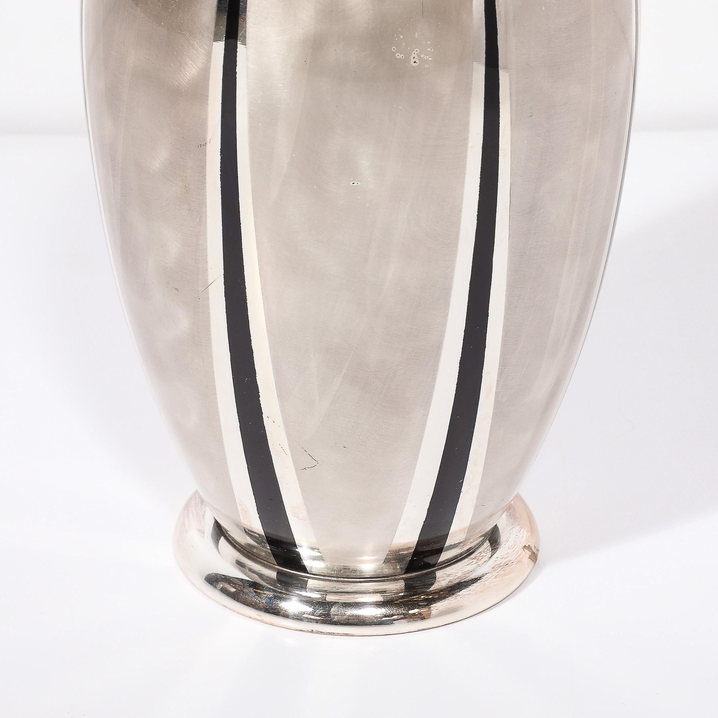 Art Deco WMF Ikora Textural Silver Plated Vase W/ Jet Black Linear Detailing In Excellent Condition For Sale In New York, NY