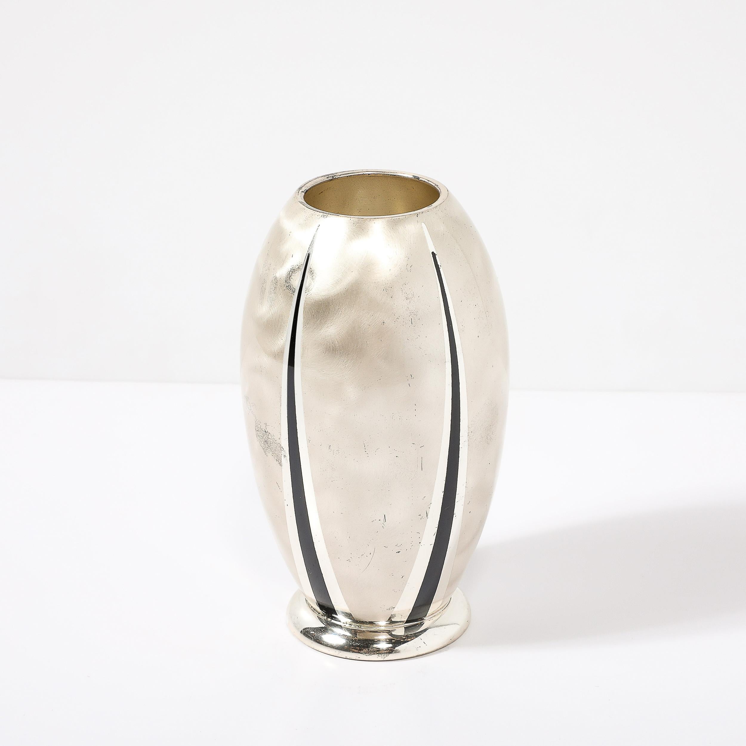 Art Deco WMF Ikora Textural Silver Plated Vase W/ Jet Black Linear Detailing In Excellent Condition In New York, NY