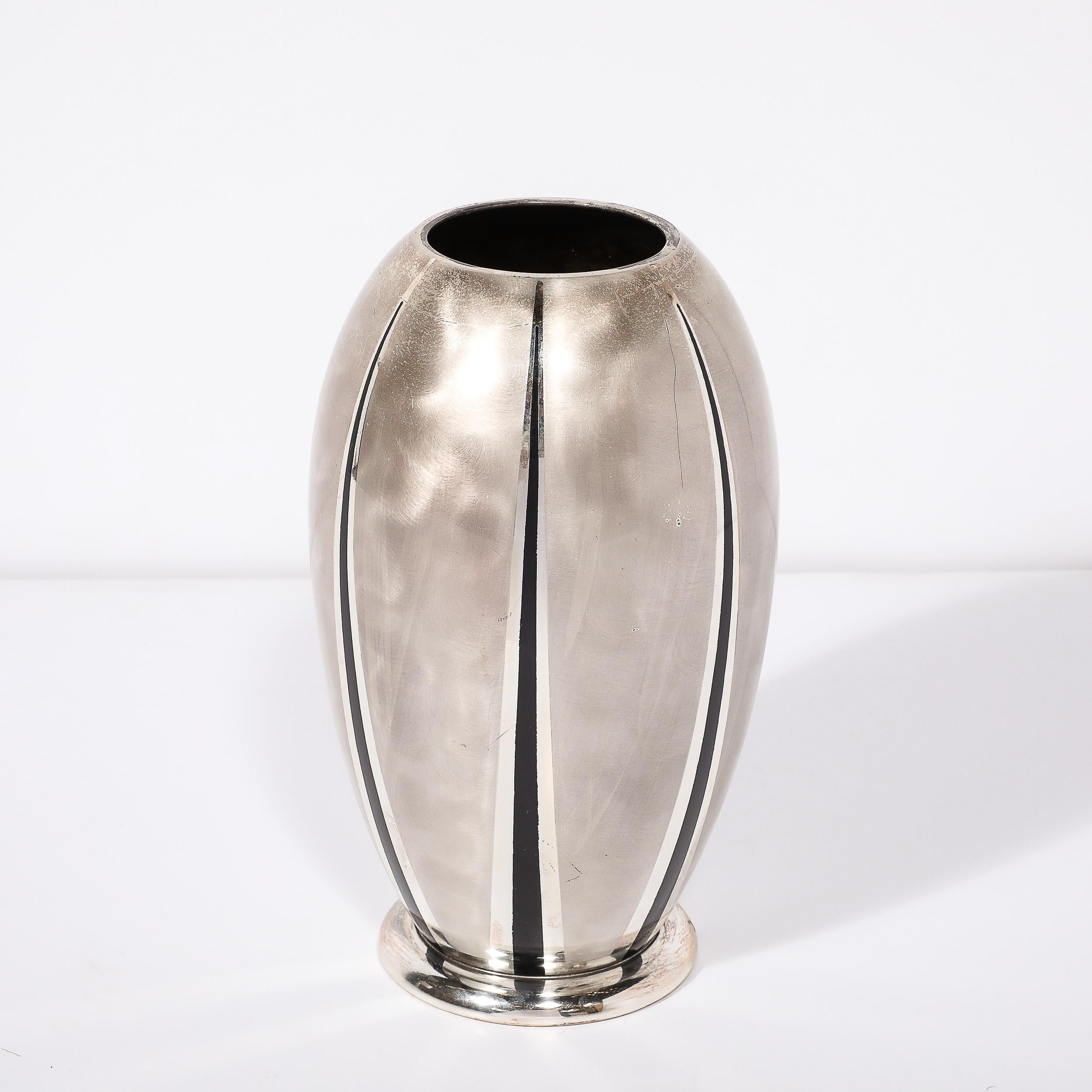 Mid-20th Century Art Deco WMF Ikora Textural Silver Plated Vase W/ Jet Black Linear Detailing For Sale