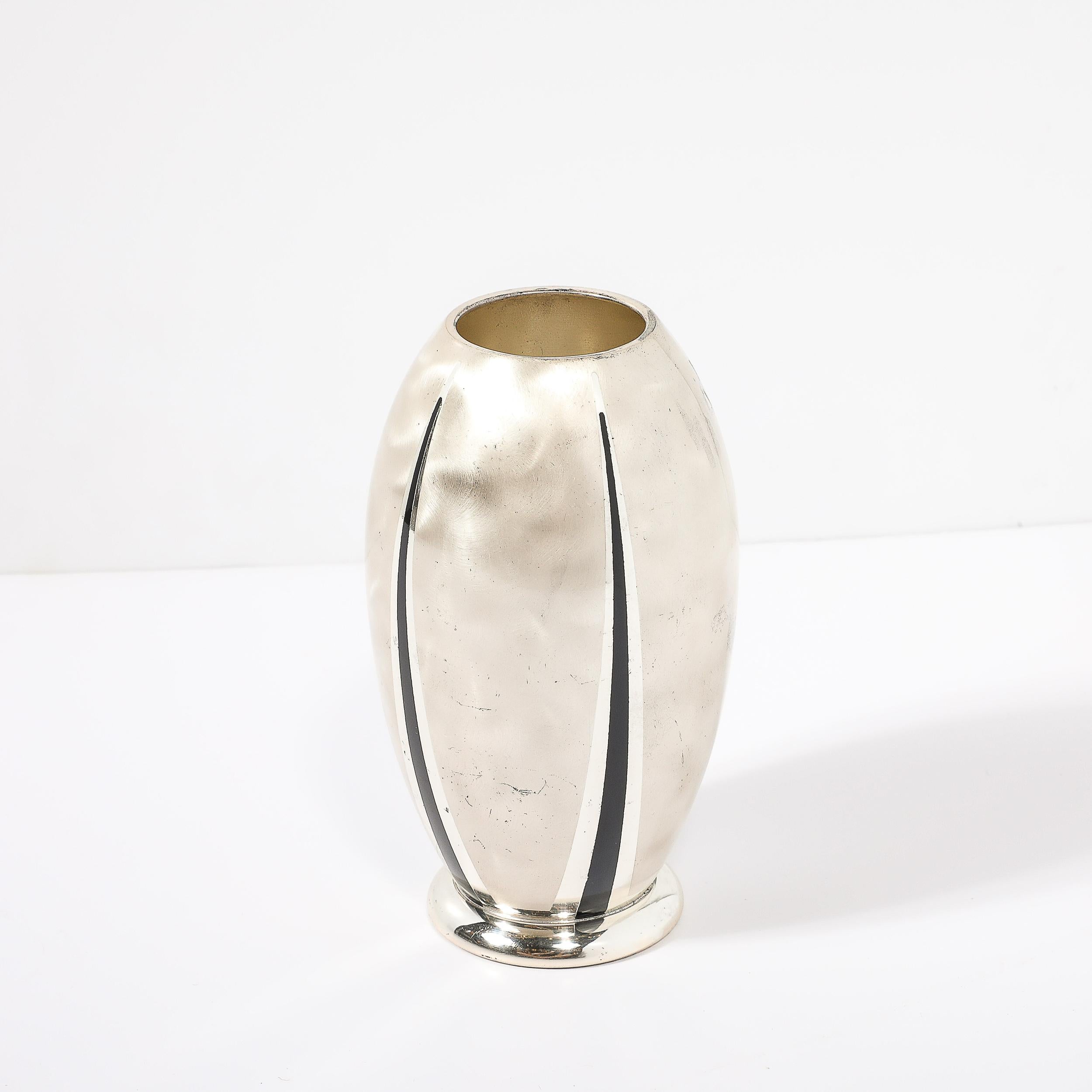 Mid-20th Century Art Deco WMF Ikora Textural Silver Plated Vase W/ Jet Black Linear Detailing