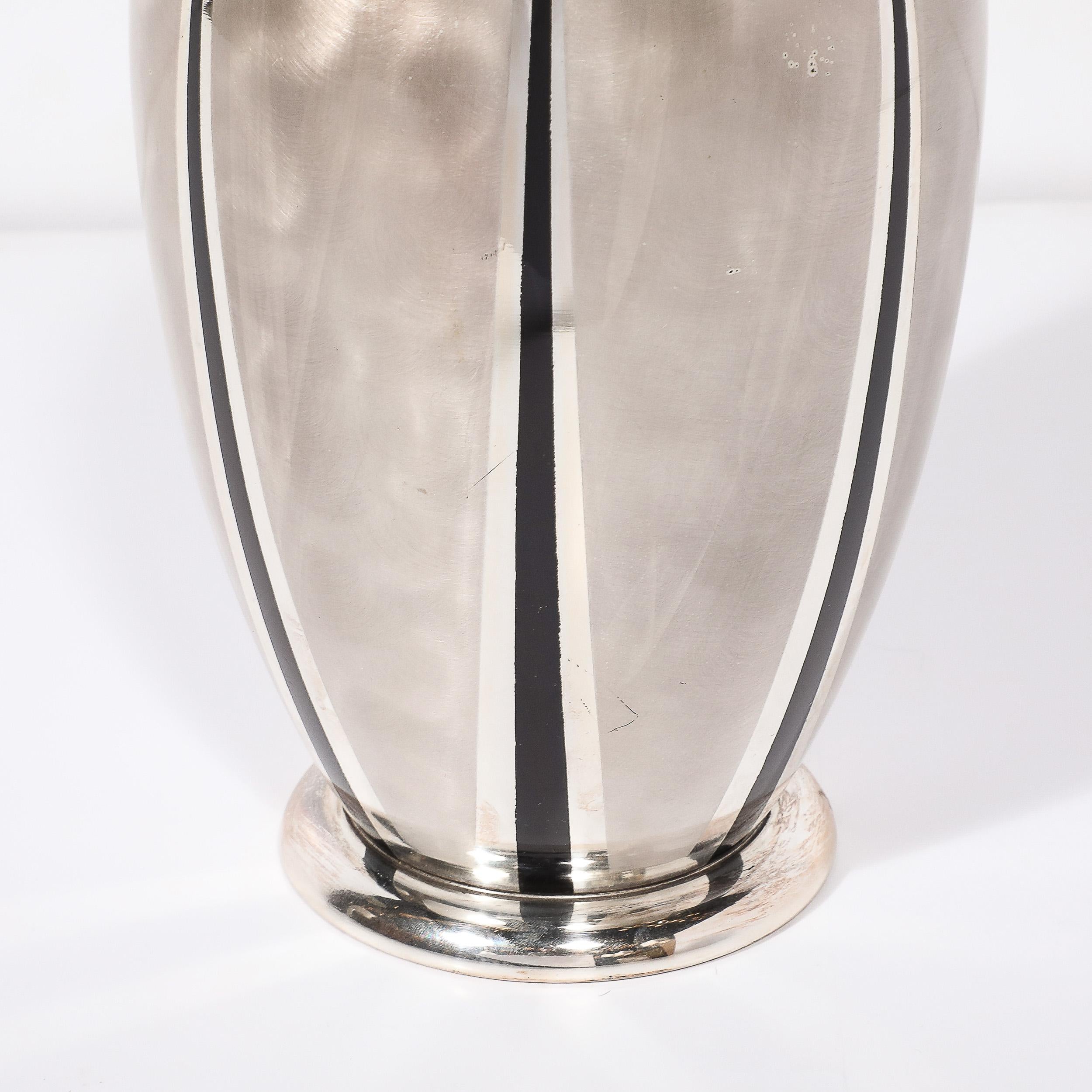 Art Deco WMF Ikora Textural Silver Plated Vase W/ Jet Black Linear Detailing In Excellent Condition In New York, NY