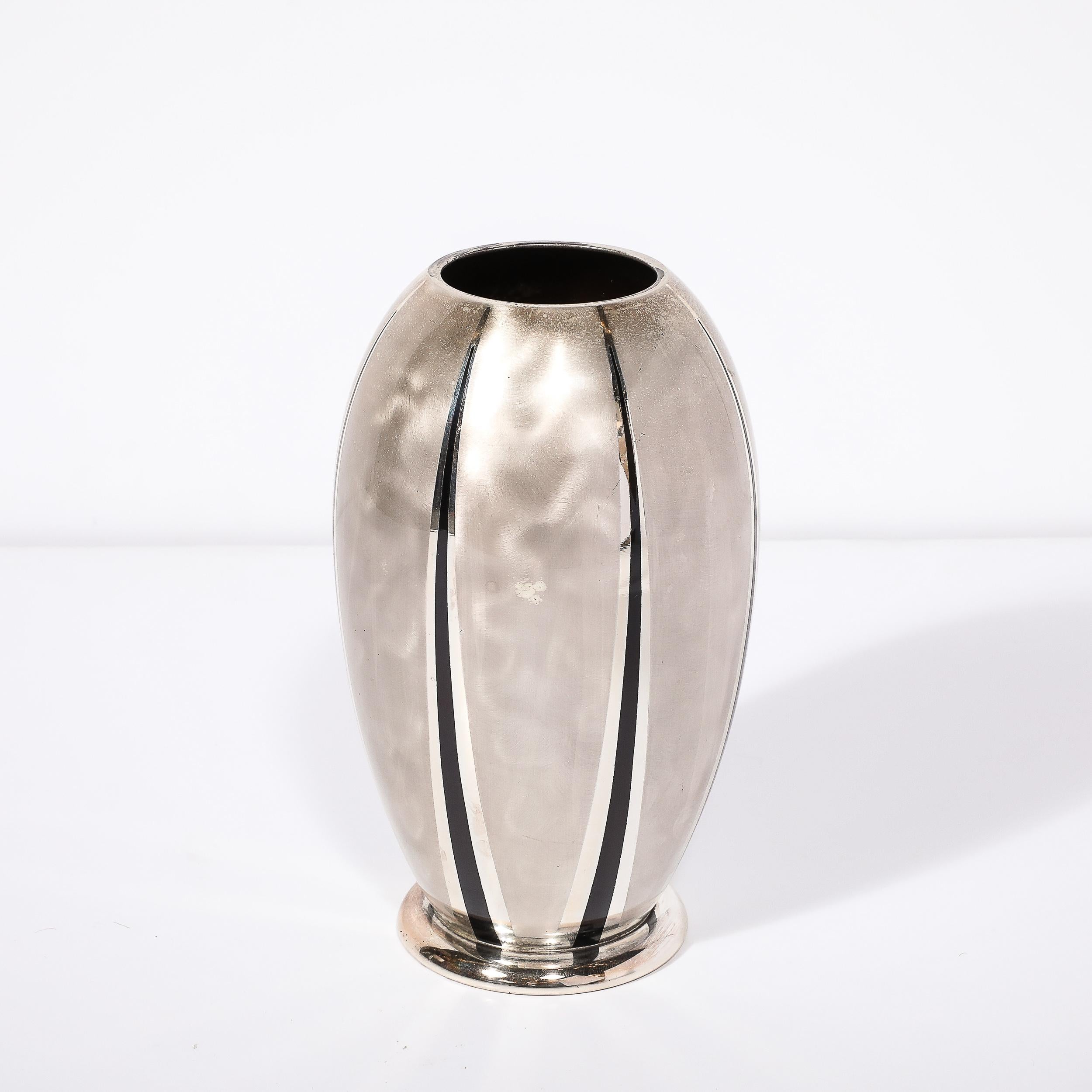Art Deco WMF Ikora Textural Silver Plated Vase W/ Jet Black Linear Detailing 2