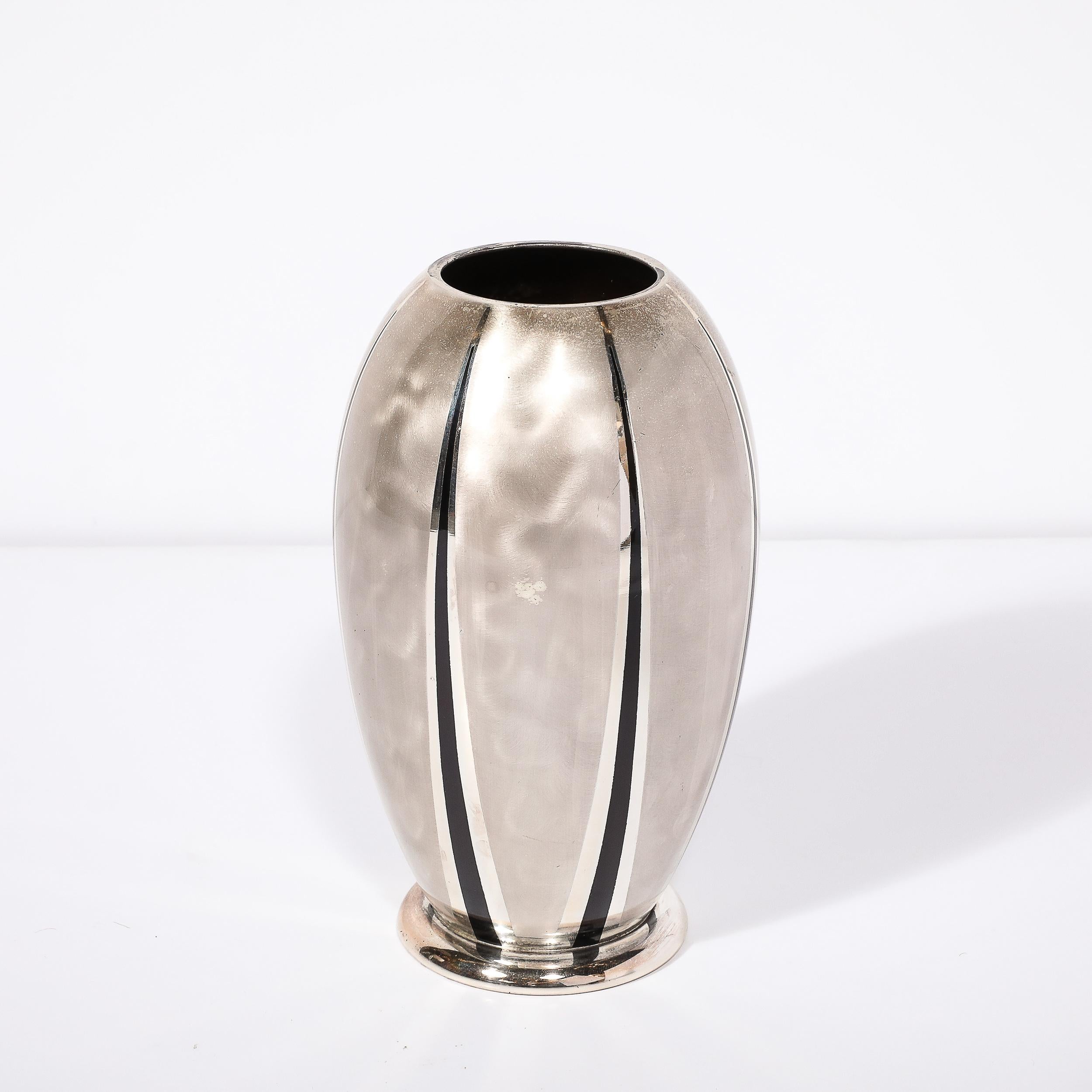 Mid-20th Century Art Deco WMF Ikora Textural Silver Plated Vase W/ Jet Black Linear Detailing