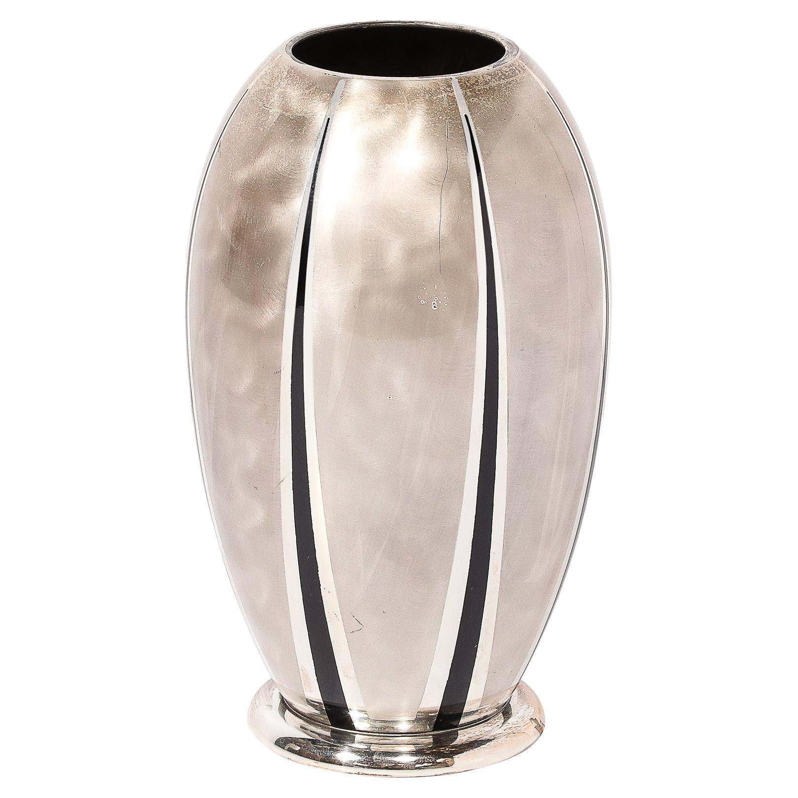 Art Deco WMF Ikora Textural Silver Plated Vase W/ Jet Black Linear Detailing For Sale