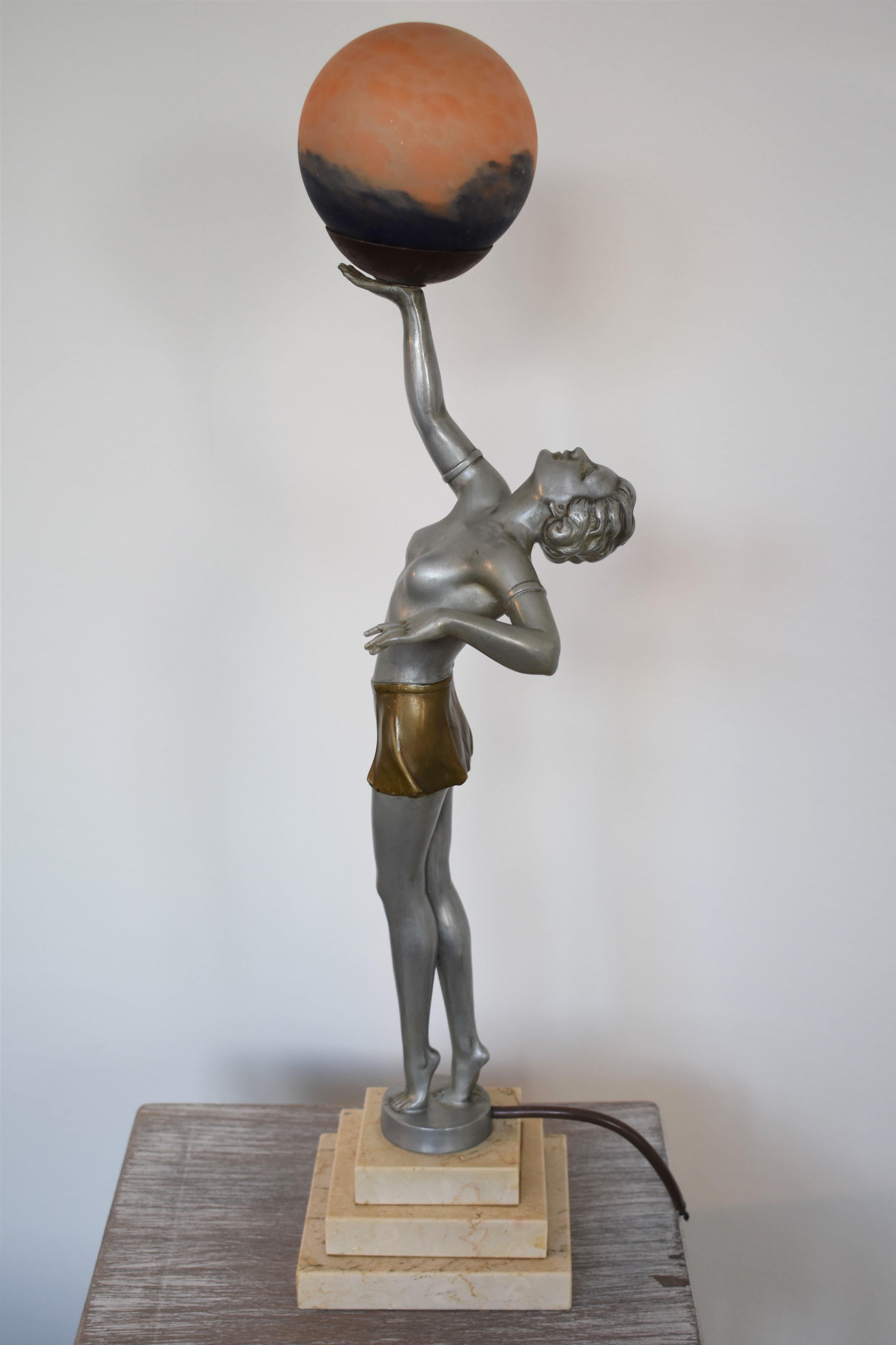 FINAL SALE Art Deco Woman Holding Globe Table Lamp Attributed to Balleste For Sale 3