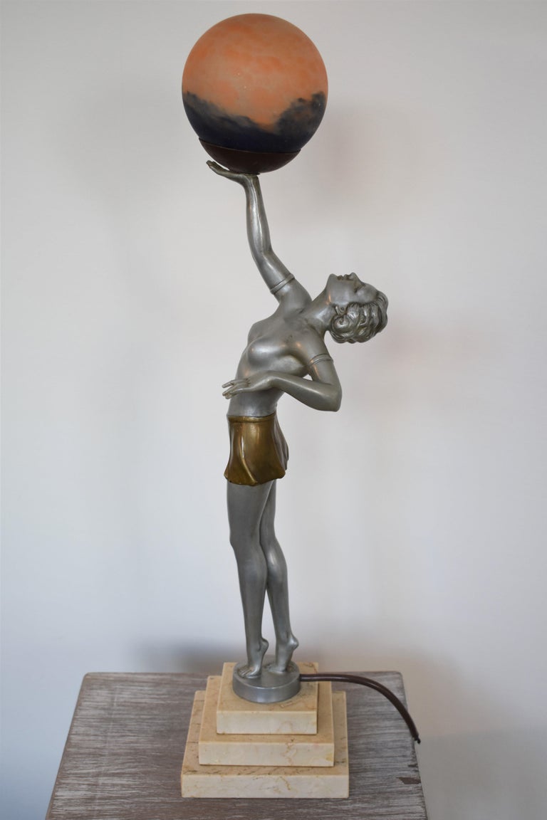 Art Deco Woman Holding Globe Table Lamp Attributed to Balleste, Le