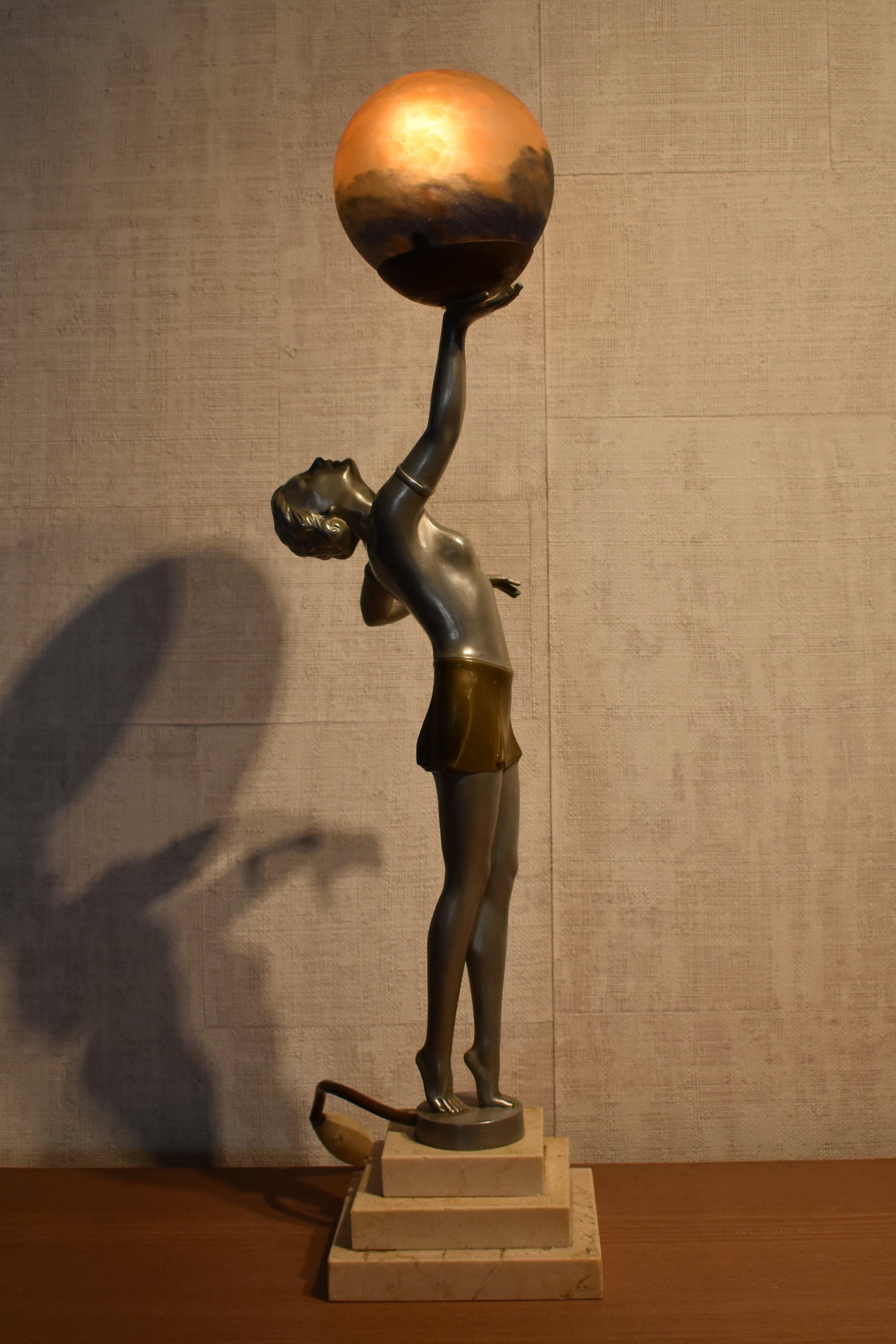 FINAL SALE Art Deco Woman Holding Globe Table Lamp Attributed to Balleste For Sale 4