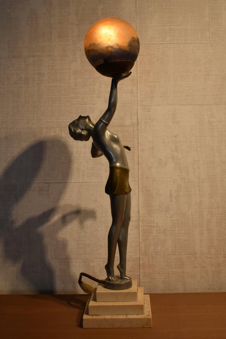 Art Deco Woman Holding Globe Table Lamp Attributed to Balleste, Le