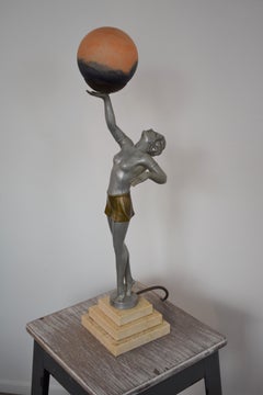 FINAL SALE Art Deco Woman Holding Globe Table Lamp Attributed to Balleste