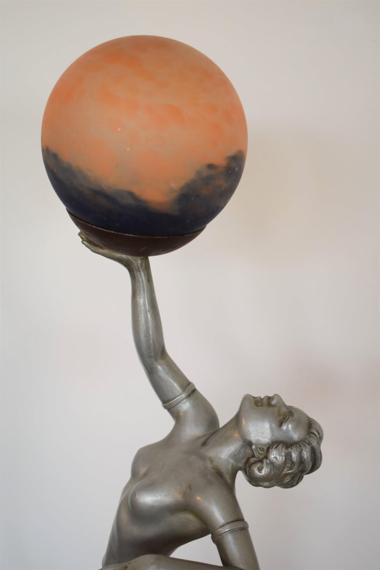 Art Deco Woman Holding Globe Table Lamp Attributed to Balleste, Le Verrier Style For Sale at 1stdibs